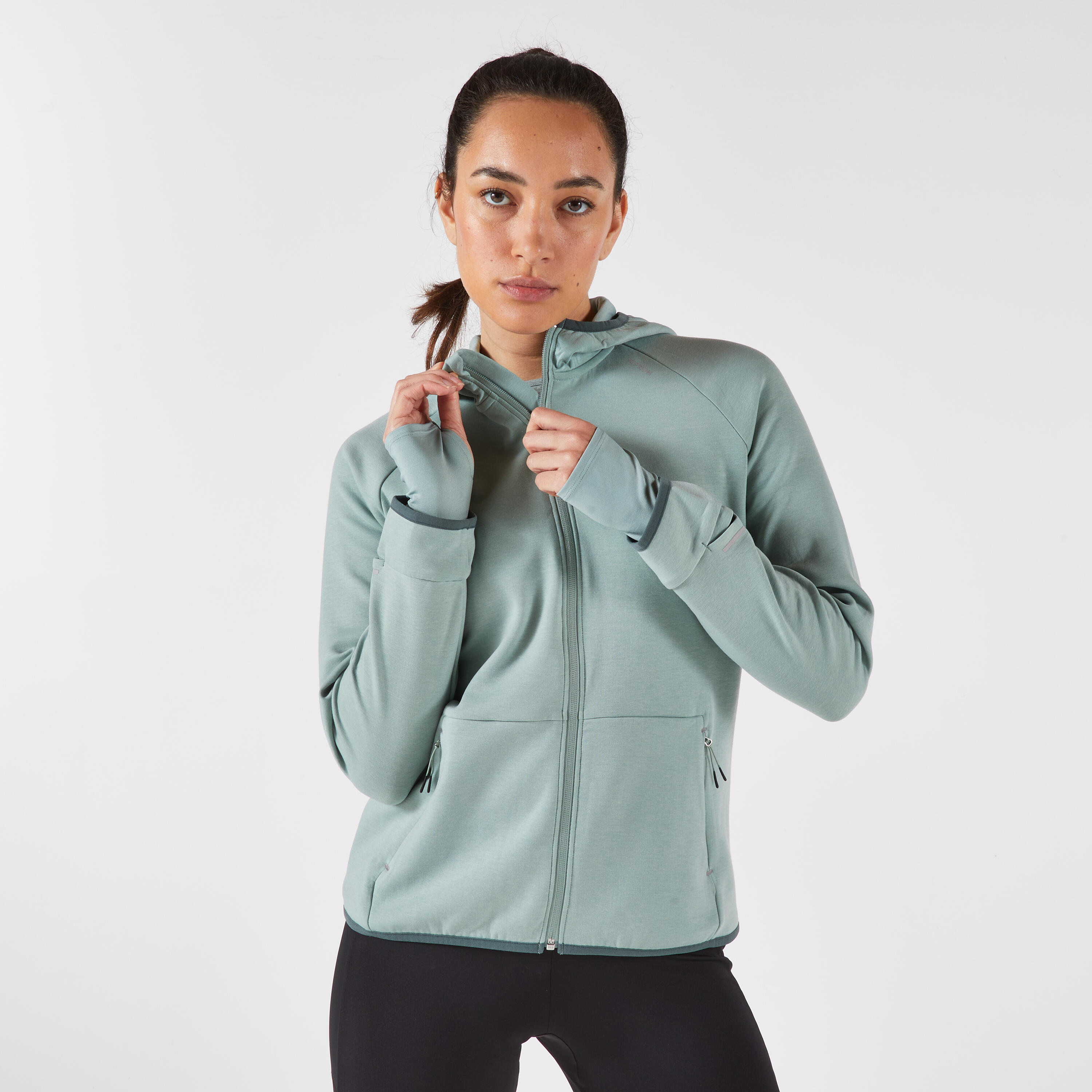 Veste chaude de running Femme, KIPRUN Run 500 Warm Vert givré 7/9