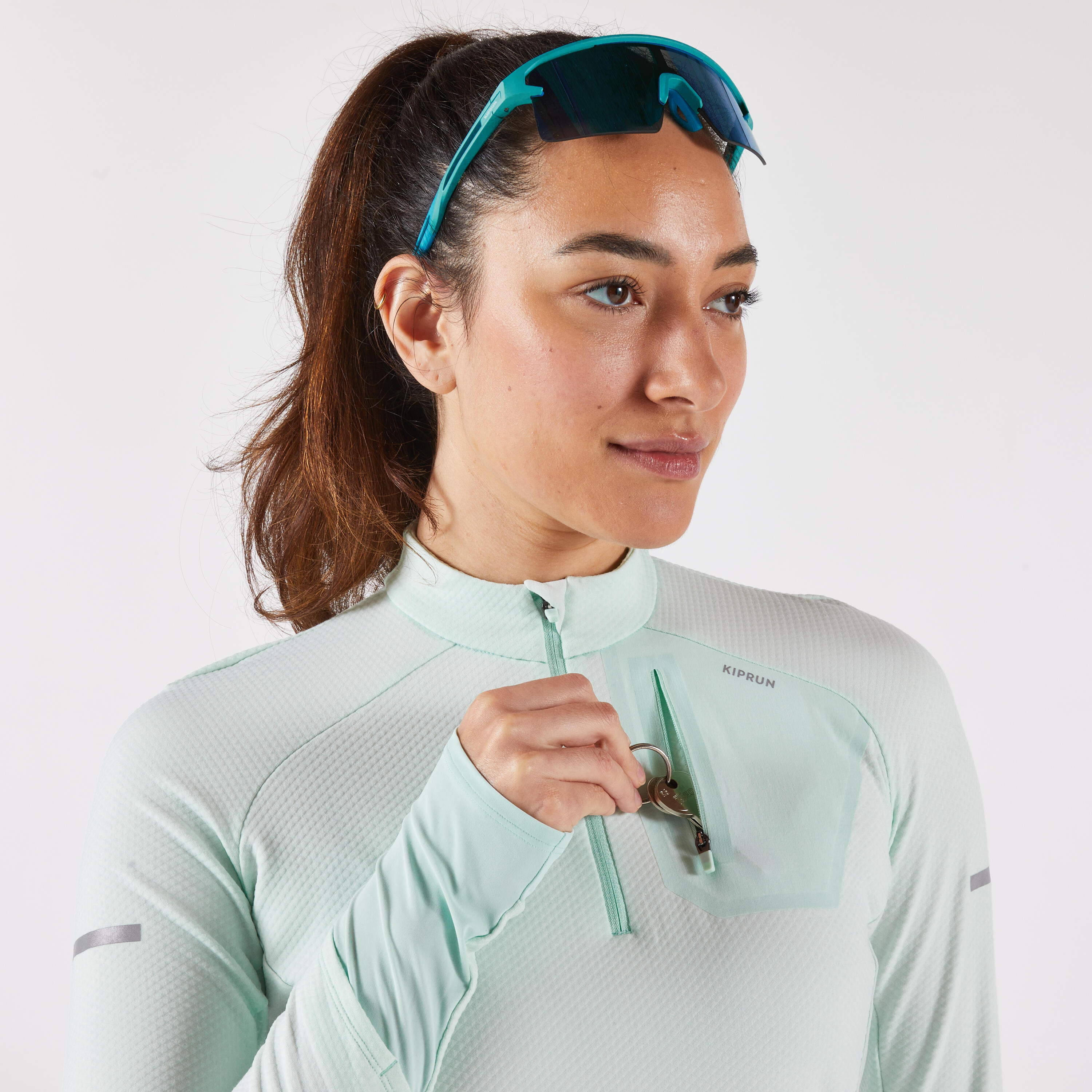 Women's Long-Sleeved Running Shirt 1/2 Zip, Run 500 Warm Green - KIPRUN