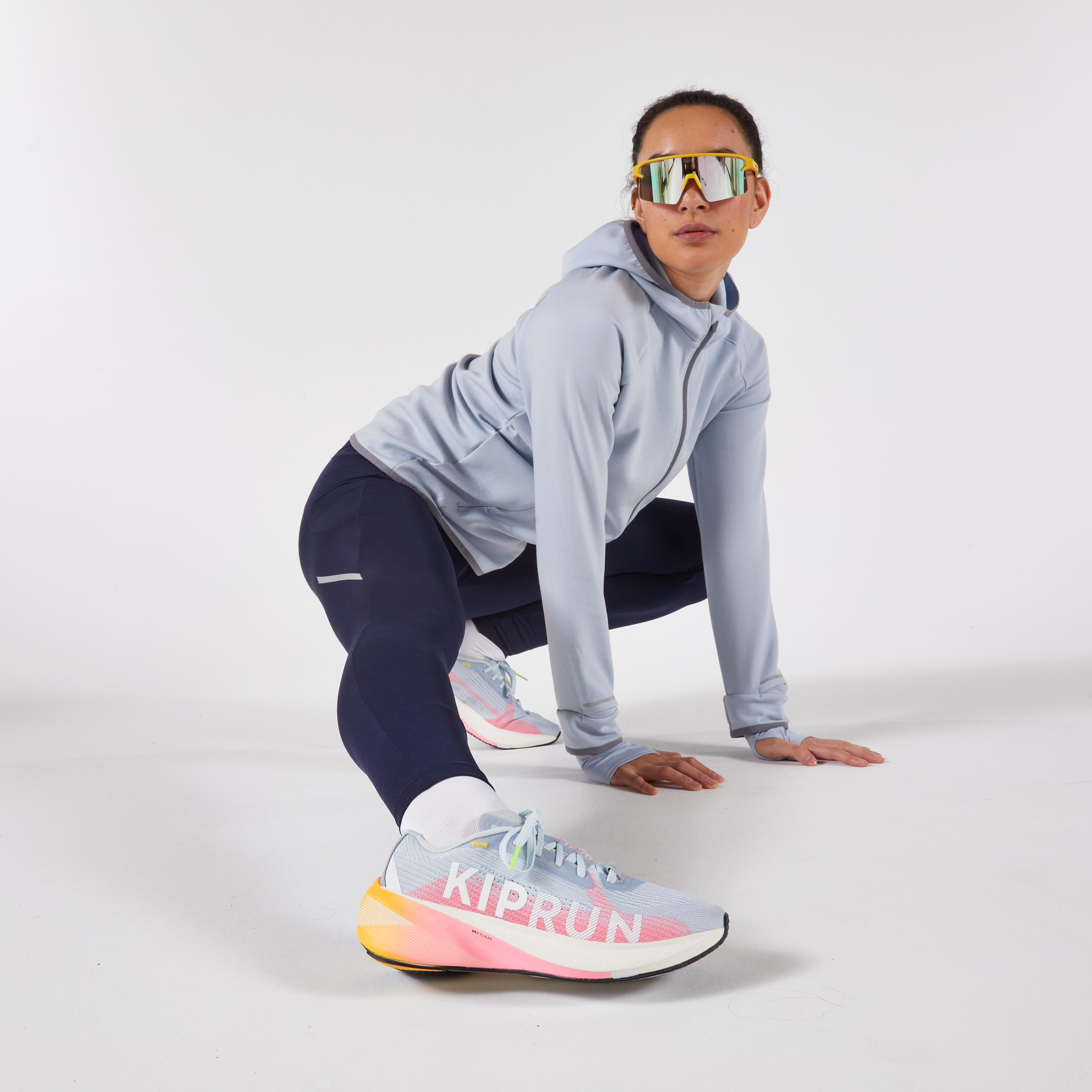 Women's warm running leggings, KIPRUN Run 500 Warm Steel blue