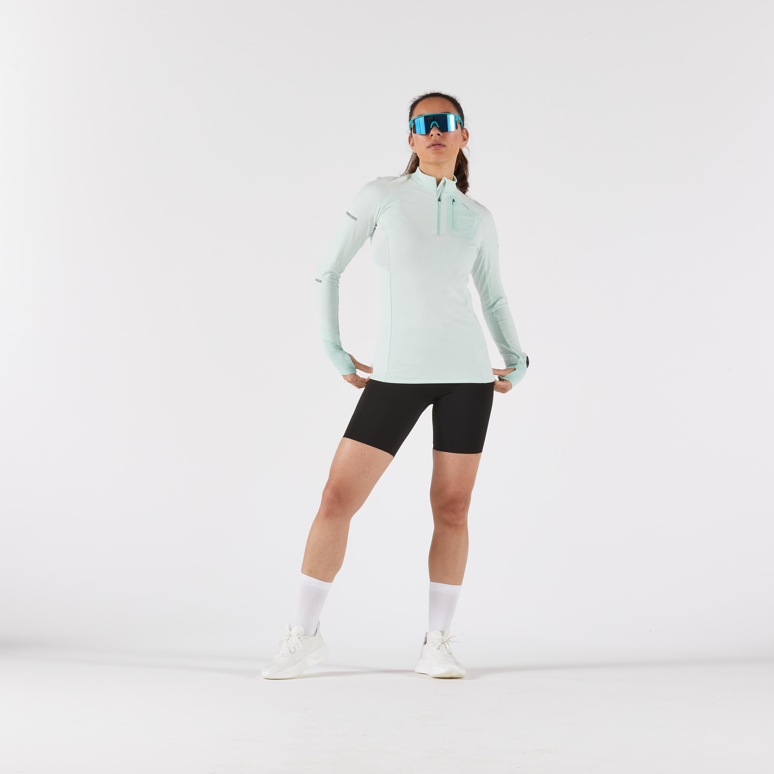 Women's Long-Sleeved Running Shirt 1/2 Zip, Run 500 Warm Green - KIPRUN