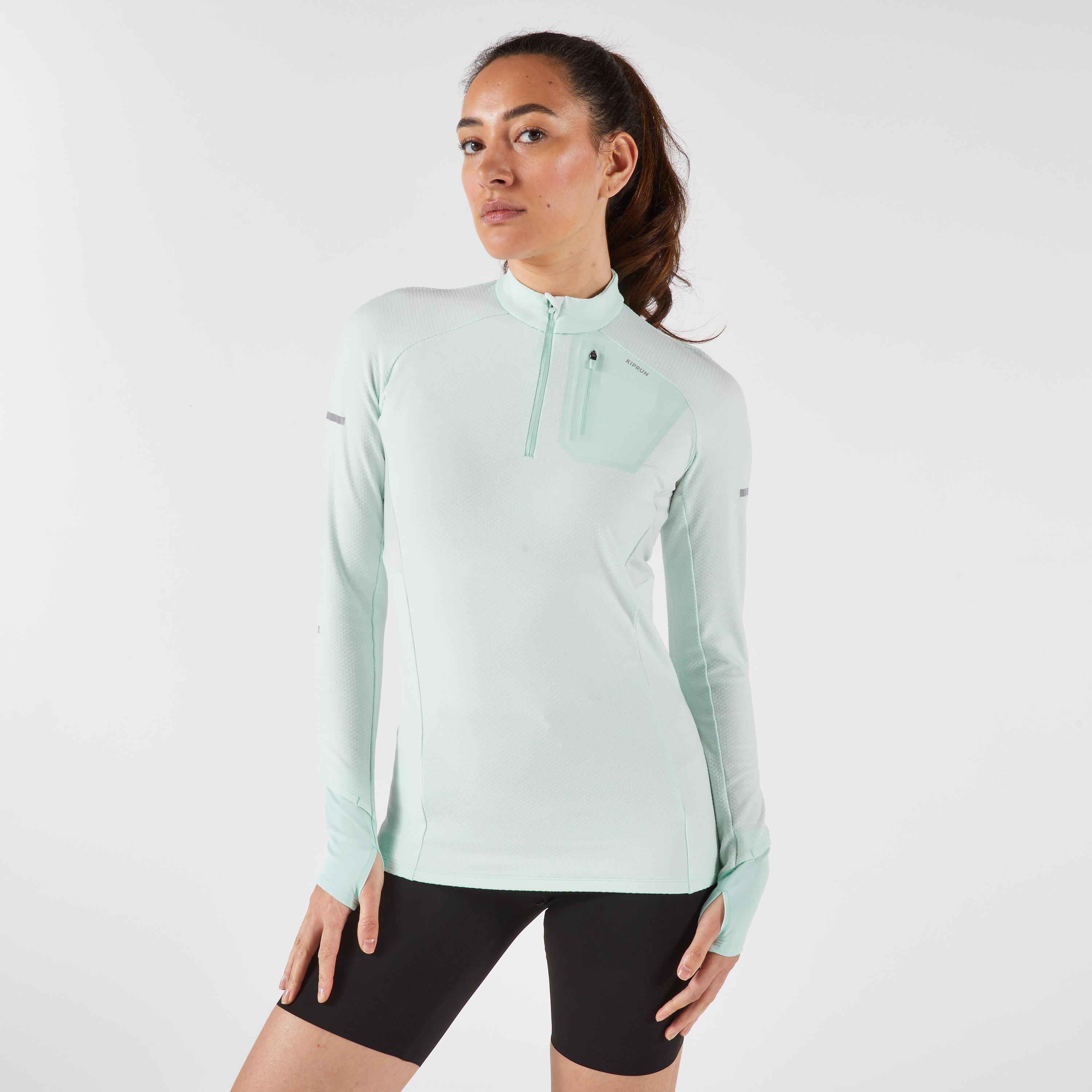 Women's Long-Sleeved Running Shirt 1/2 Zip, Run 500 Warm Green - KIPRUN