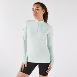 T-shirt 1/2 zip manches longues de running Femme - KIPRUN Run 500 Warm Vert