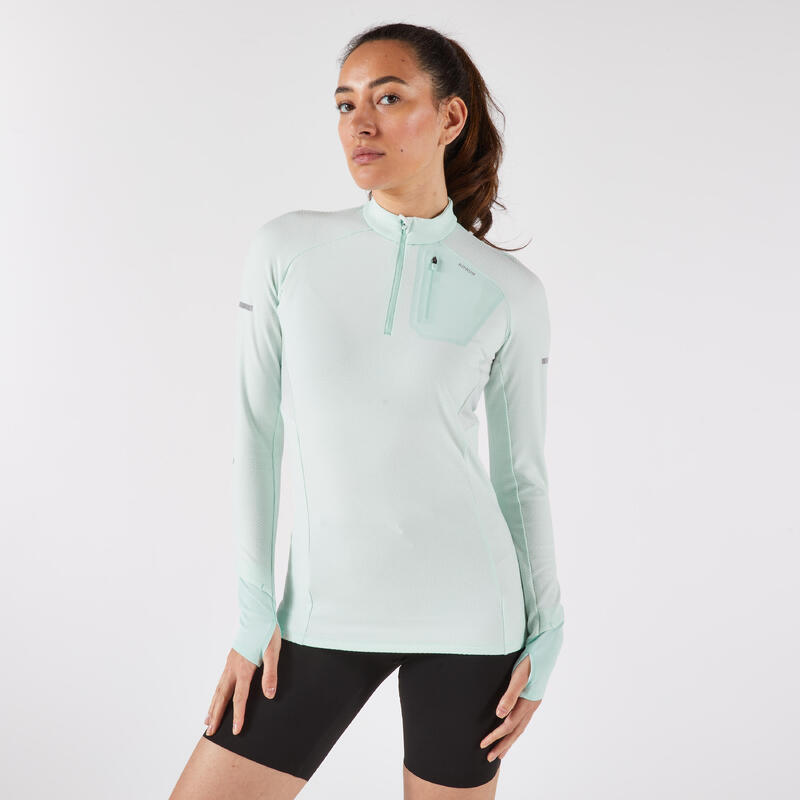 Bluză cu fermoar scurt cu mâneci lungi- KIPRUN Run 500 Warm Verde Damă