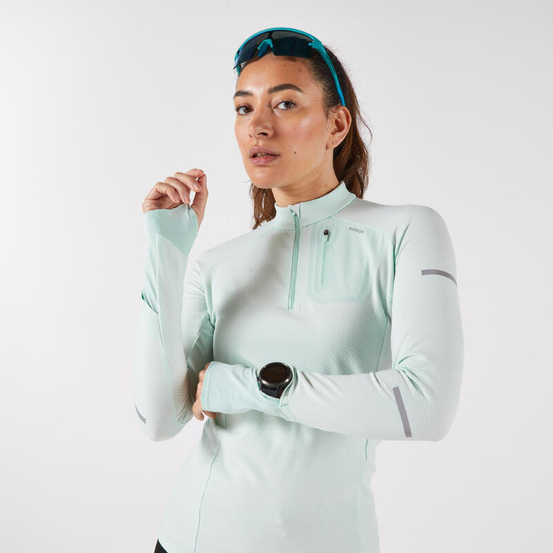Bluză cu fermoar scurt cu mâneci lungi- KIPRUN Run 500 Warm Verde Damă