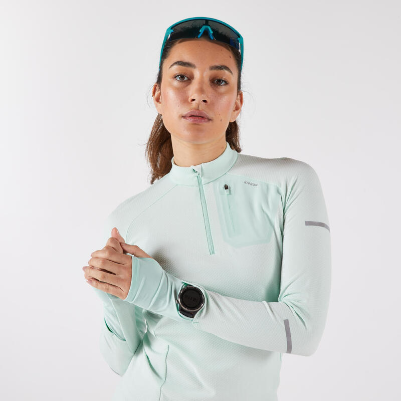 Bluză cu fermoar scurt cu mâneci lungi- KIPRUN Run 500 Warm Verde Damă