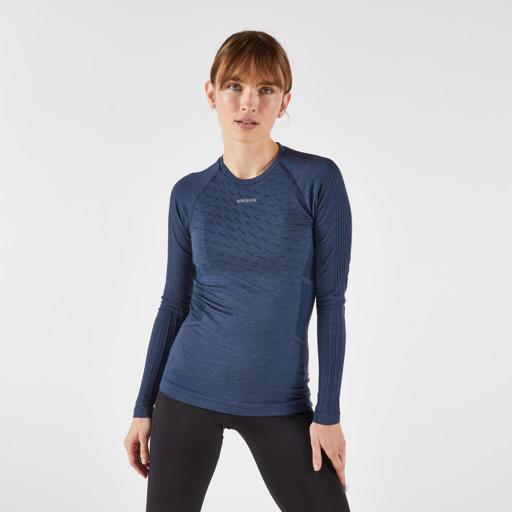 Ženska tekaška majica z dolgimi rokavi iz merino volne, KIPRUN Run 900 Merino