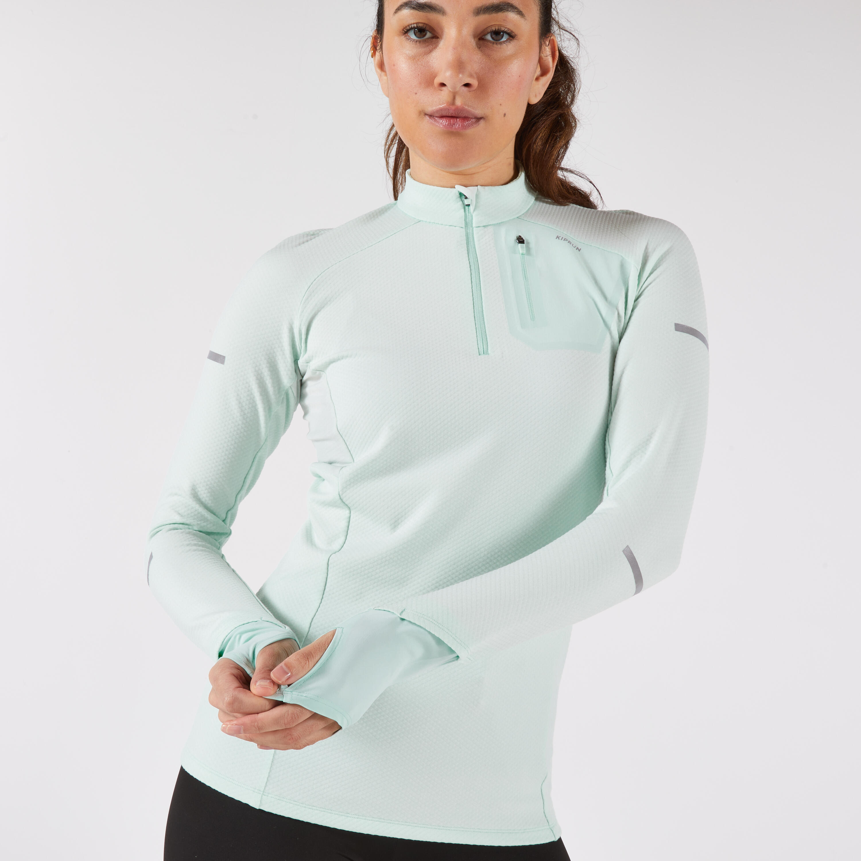 Women's Long-Sleeved Running Shirt 1/2 Zip, Run 500 Warm Green - KIPRUN