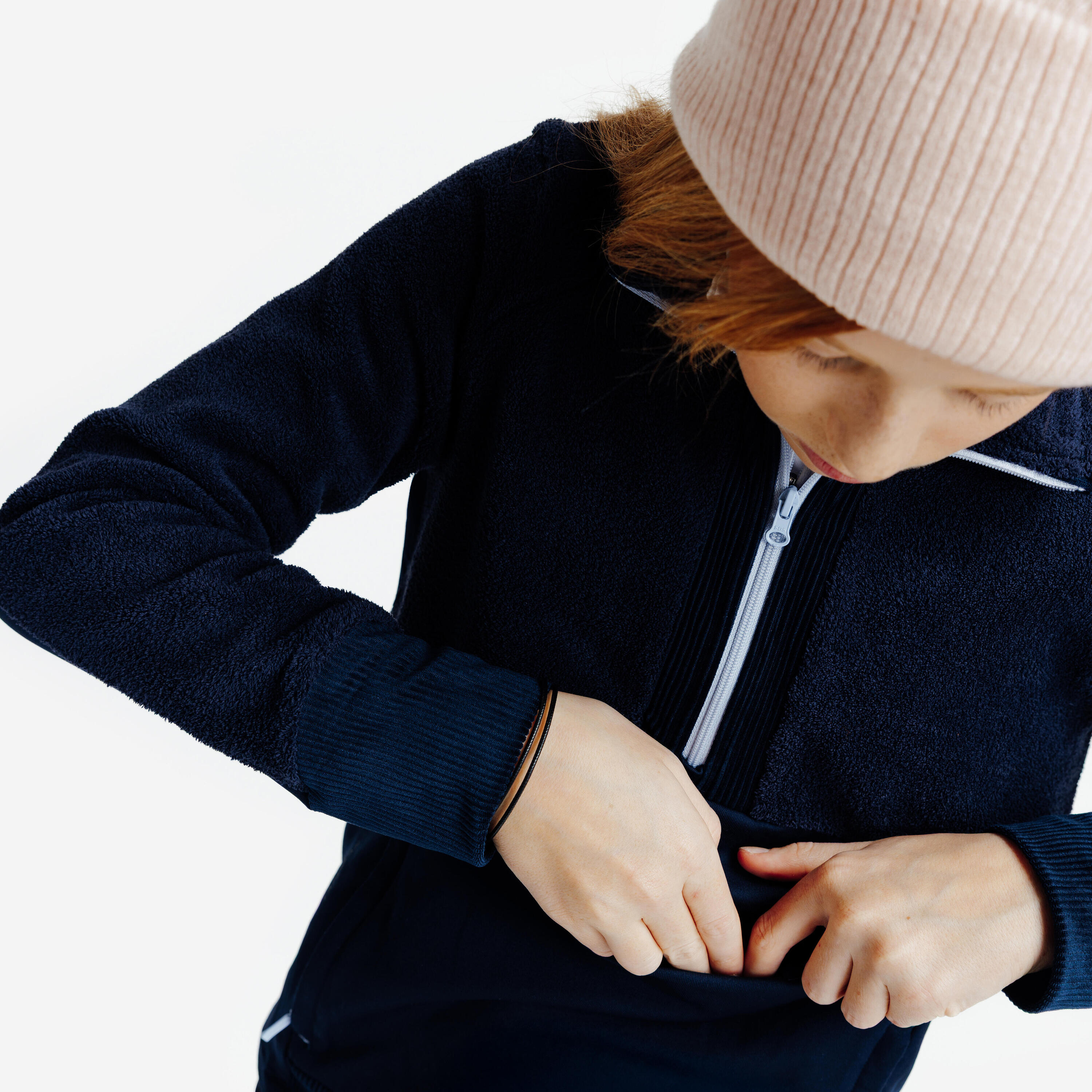 Sweatshirt Quente de Equitação Criança com Meio Fecho Azul-Escuro/Violeta 5/6