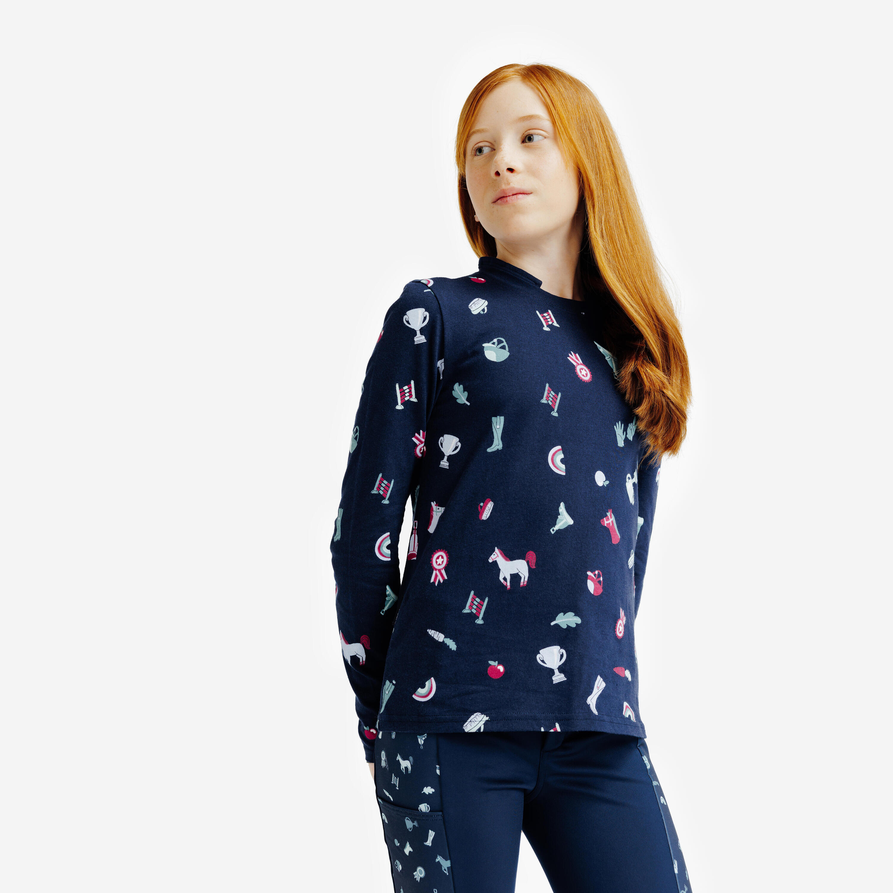 FOUGANZA Kids' Horse Riding Long-Sleeved Polo Magic - All Over Blue Print