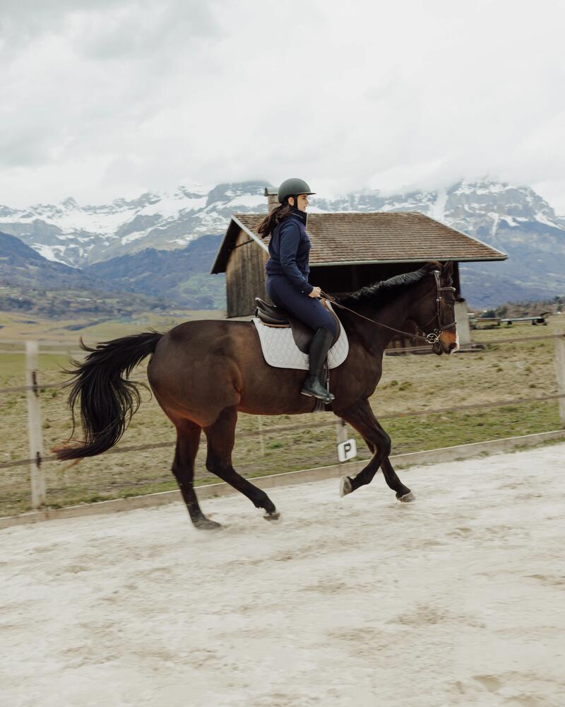 Reiterin auf einem braunen Pferd mit einer Berglandschaft im Hintergrund