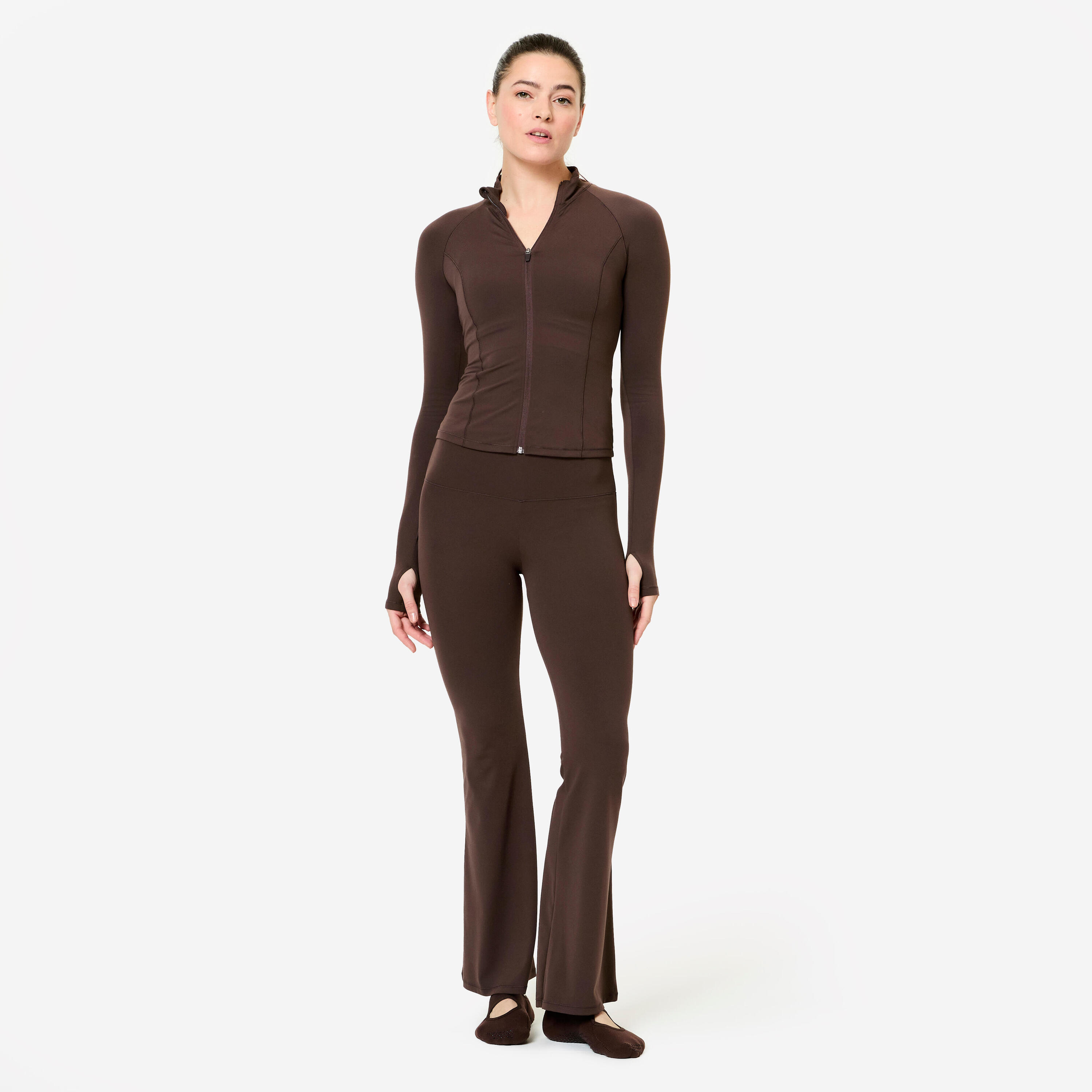 Pantalon de fitness évasé taille haute femme, marron 2/7
