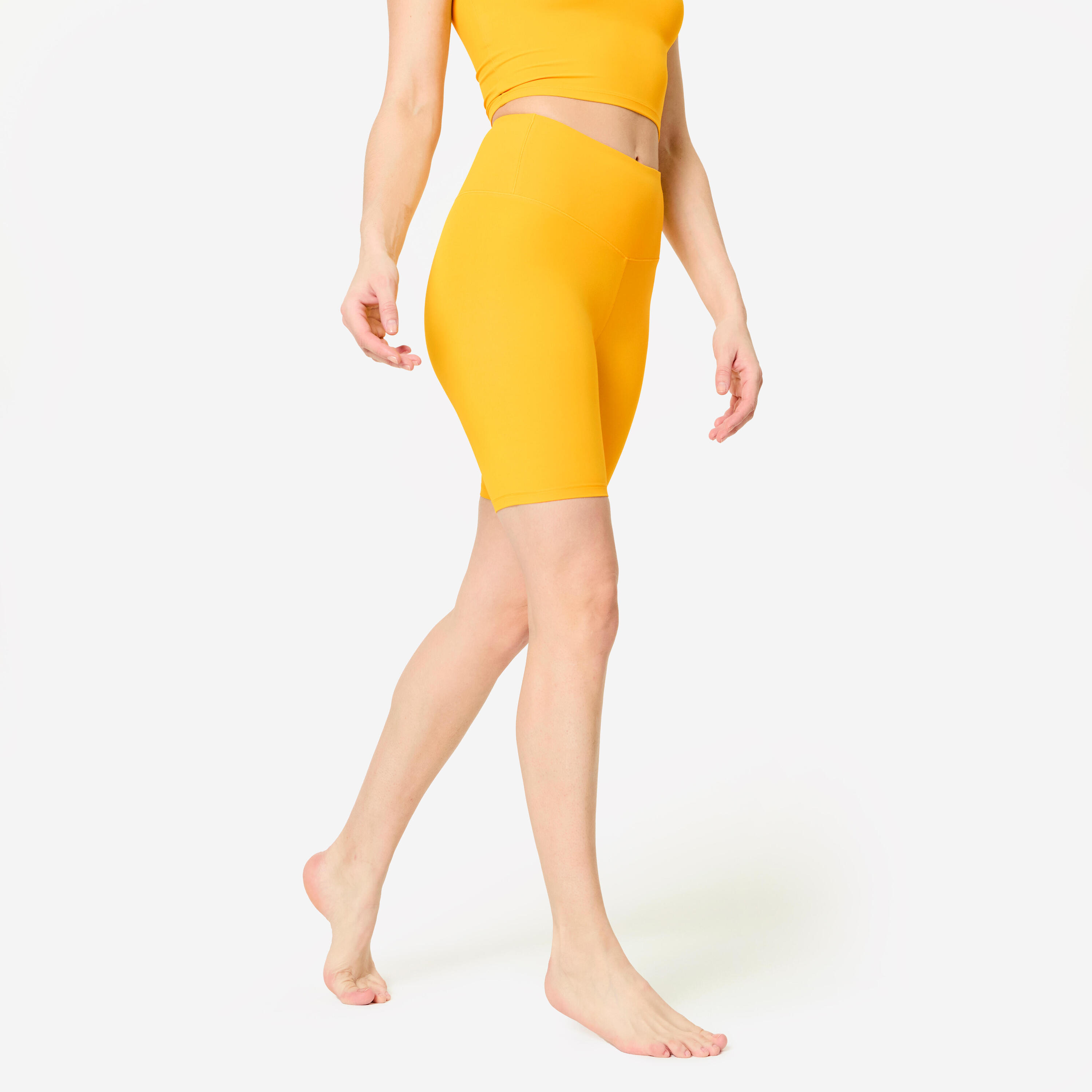 DOMYOS Pantaloncini ciclisti donna palestra slim fit traspiranti vita alta gialli