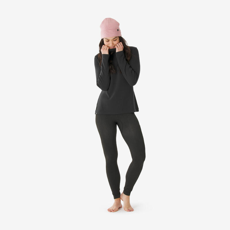 Bluză termică schi, guler rulat, merinos, BL TOP 500 woolneck negru, damă