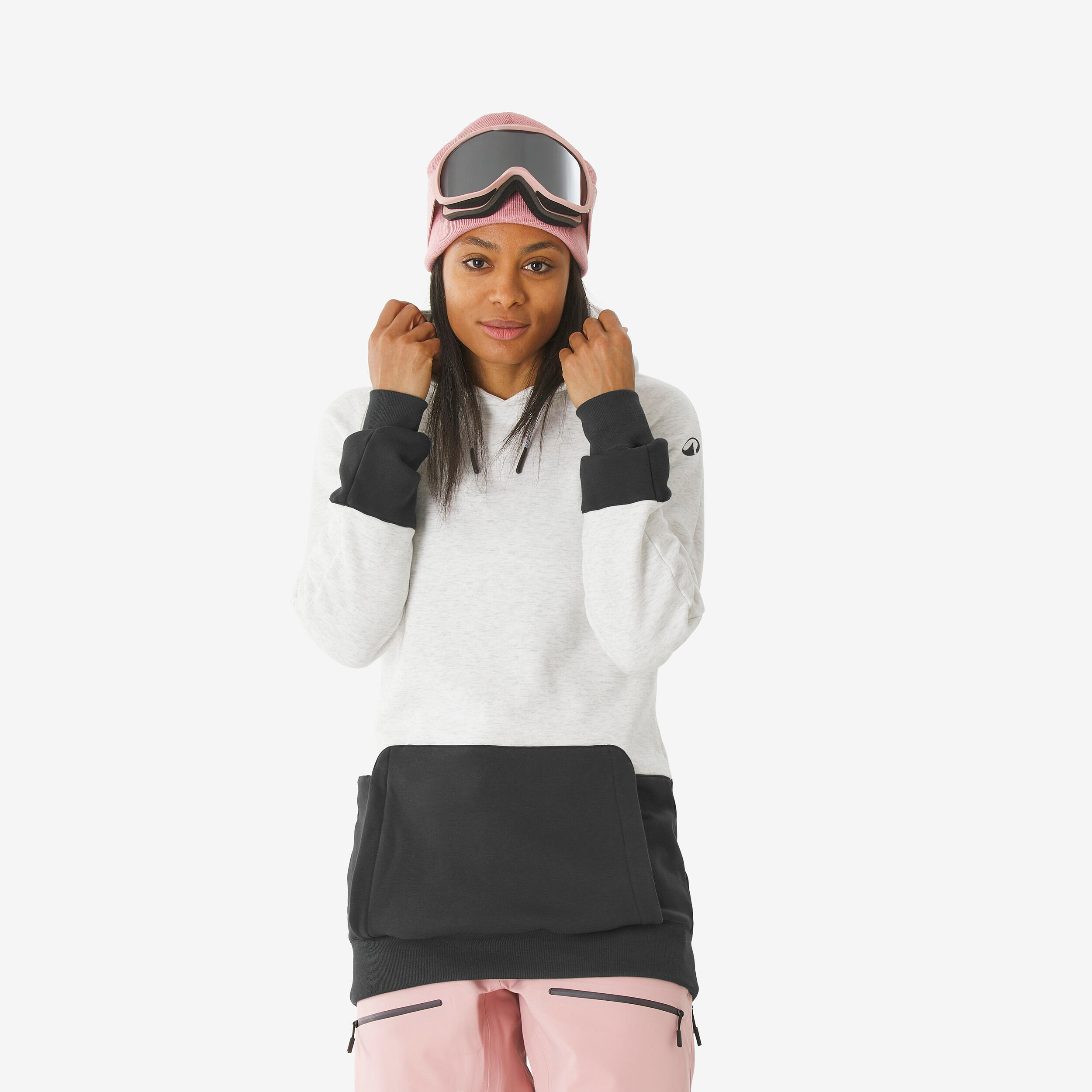 Sudadera snowboard capucha 1/2 cremallera cálida y cómoda mujer, beige y negra 6/14