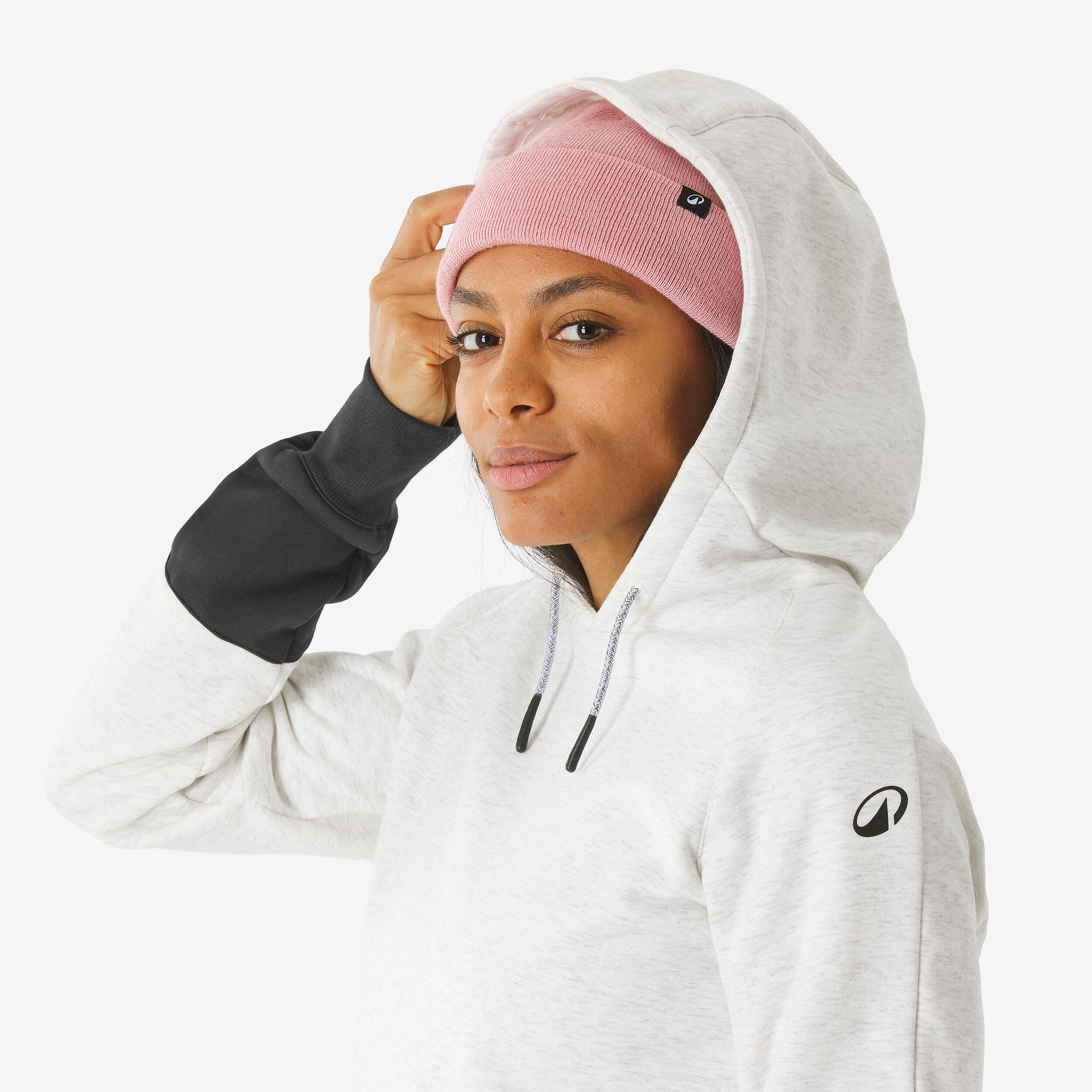 Sudadera snowboard capucha 1/2 cremallera cálida y cómoda mujer, beige y negra 12/14