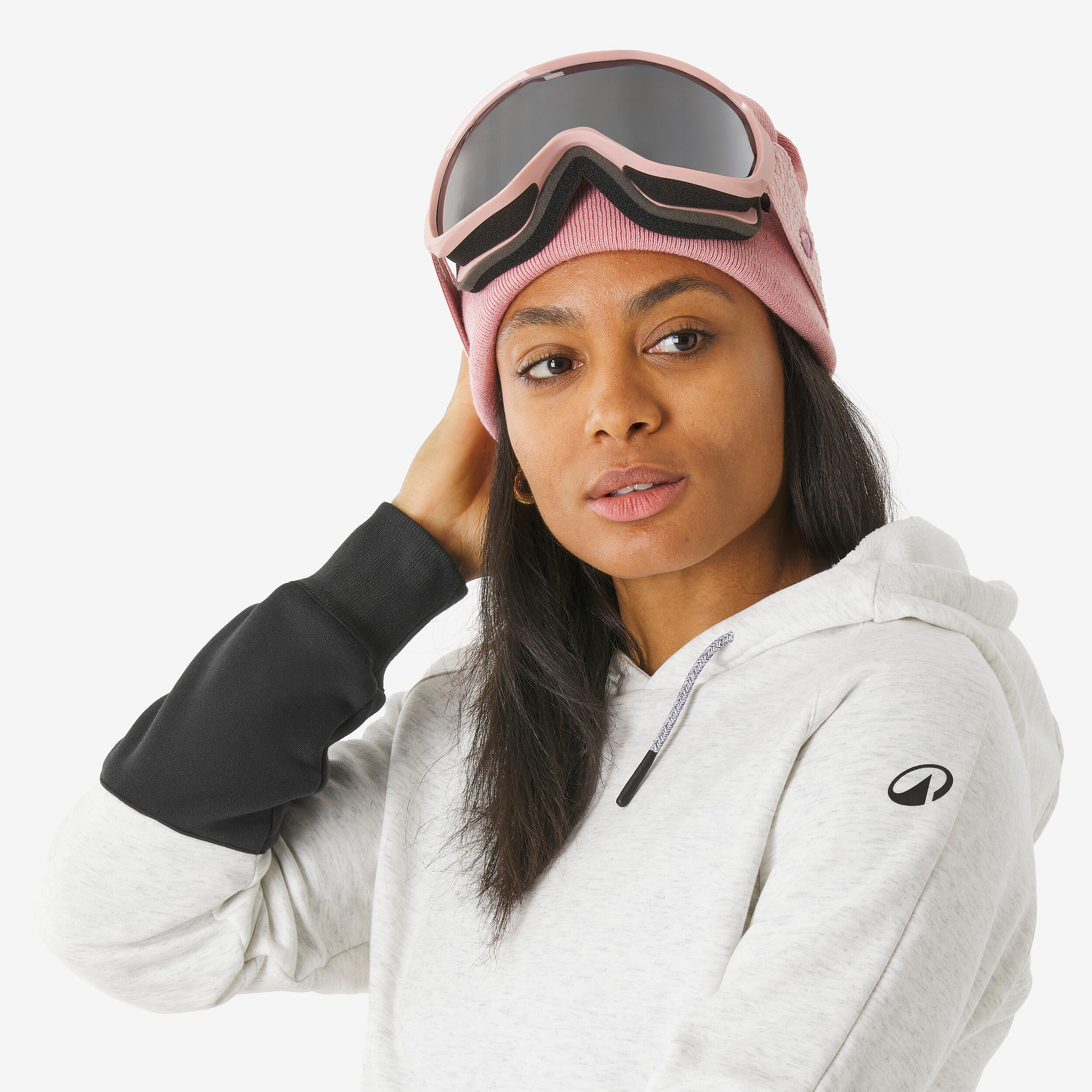 Sudadera snowboard capucha 1/2 cremallera cálida y cómoda mujer, beige y negra 5/14
