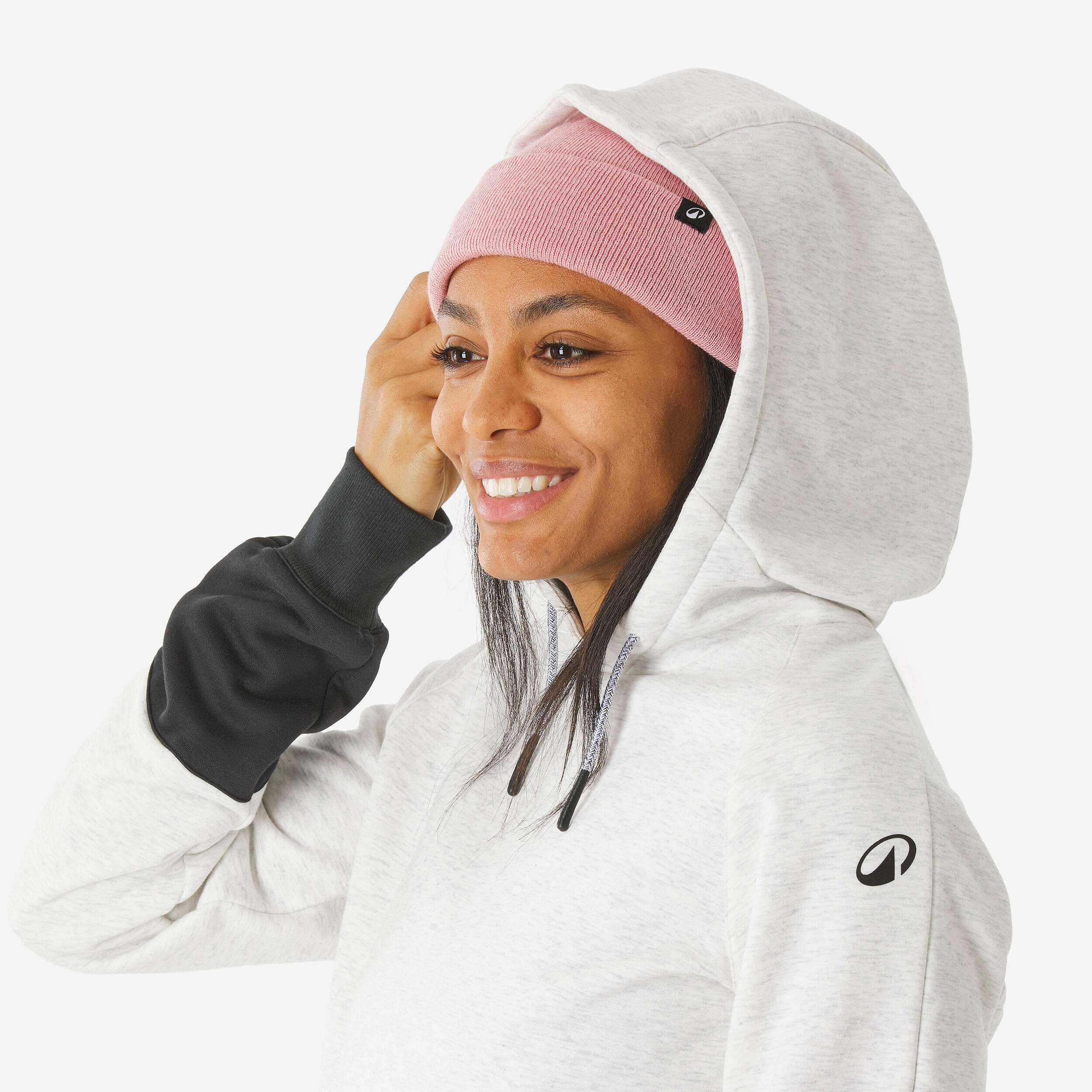 Sudadera snowboard capucha 1/2 cremallera cálida y cómoda mujer, beige y negra 13/14