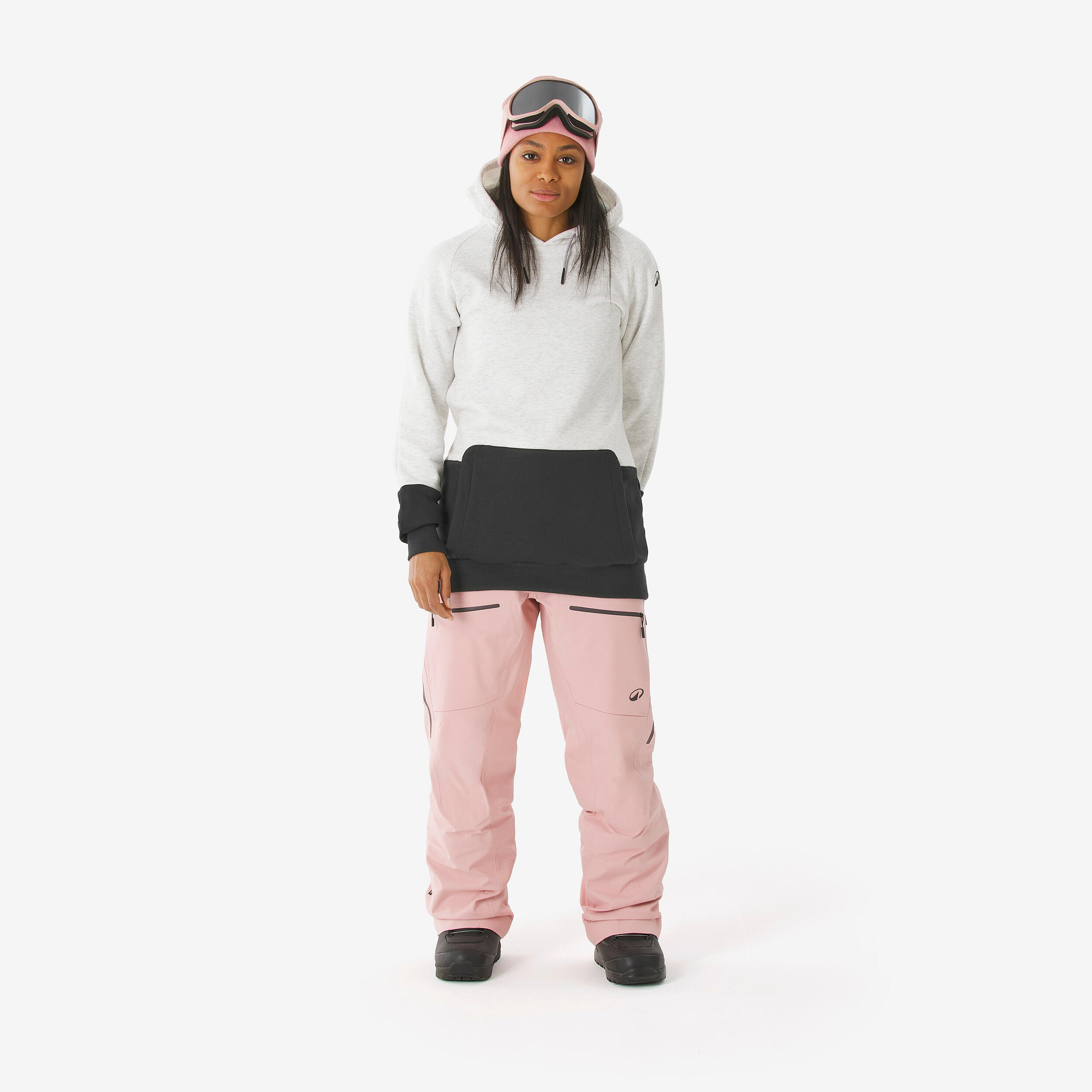 Sudadera snowboard capucha 1/2 cremallera cálida y cómoda mujer, beige y negra 2/14