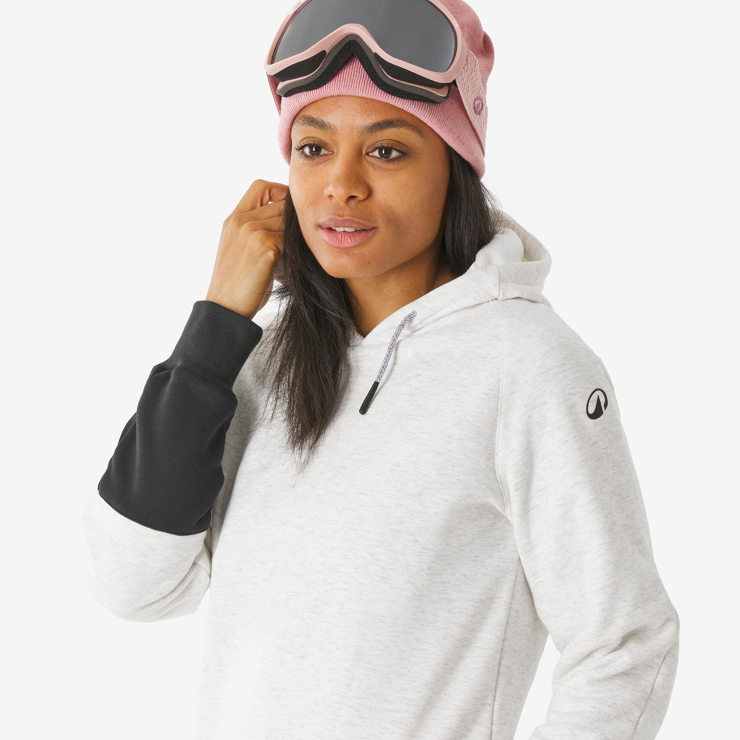 Sudadera snowboard capucha 1/2 cremallera cálida y cómoda mujer, beige y negra 7/14