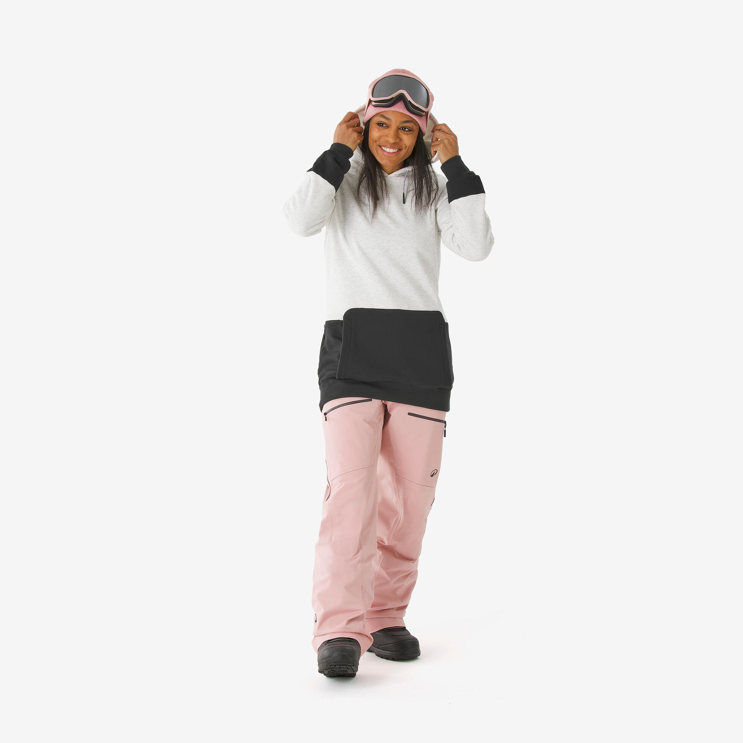 Sudadera snowboard capucha 1/2 cremallera cálida y cómoda mujer, beige y negra 3/14