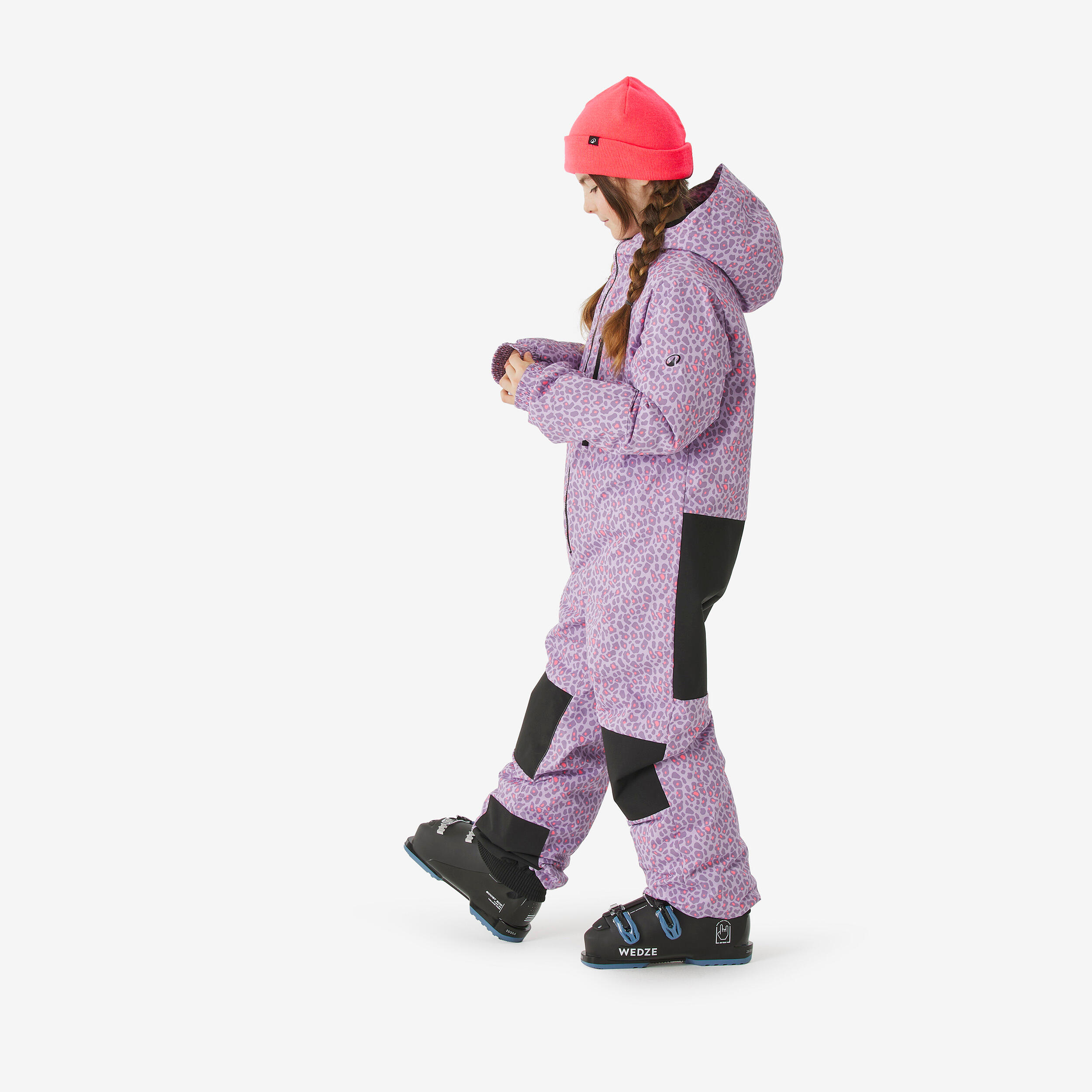 Warmer Skianzug Kinder 5-13 Jahre, Ski100 violett Leopard 4/10