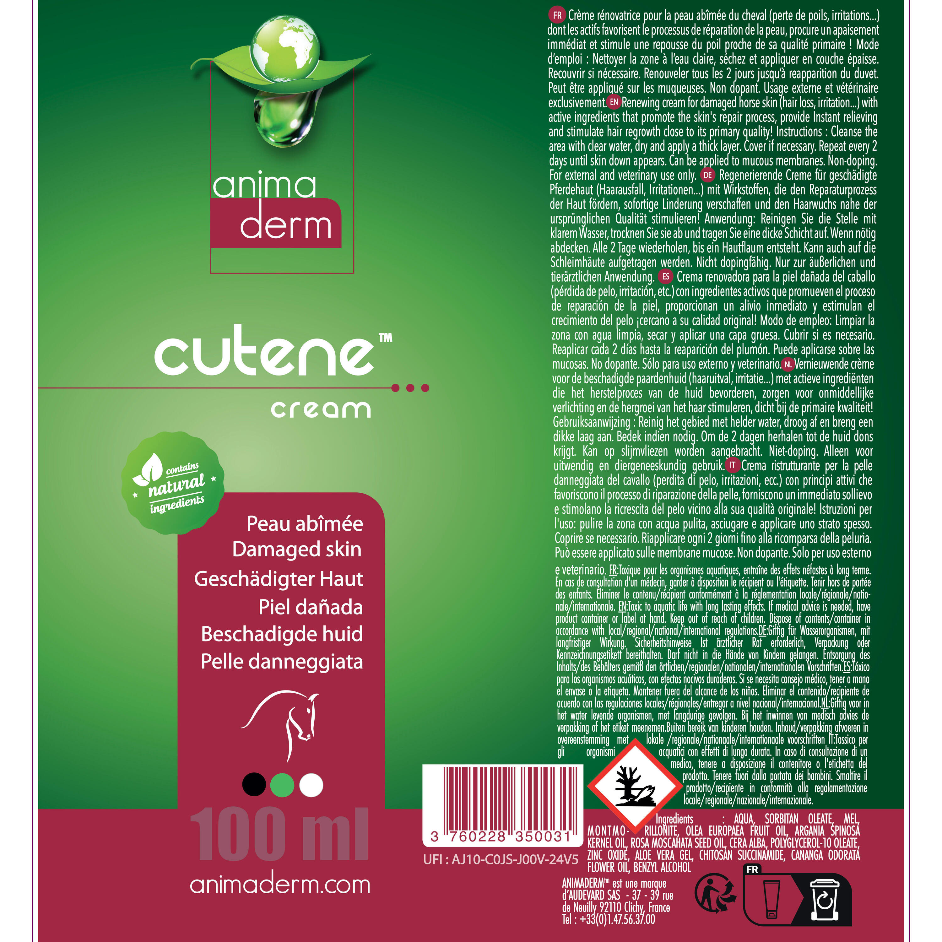 Soin peau cheval et poney CREME CUTENE ANIMADERM -100ml 2/2