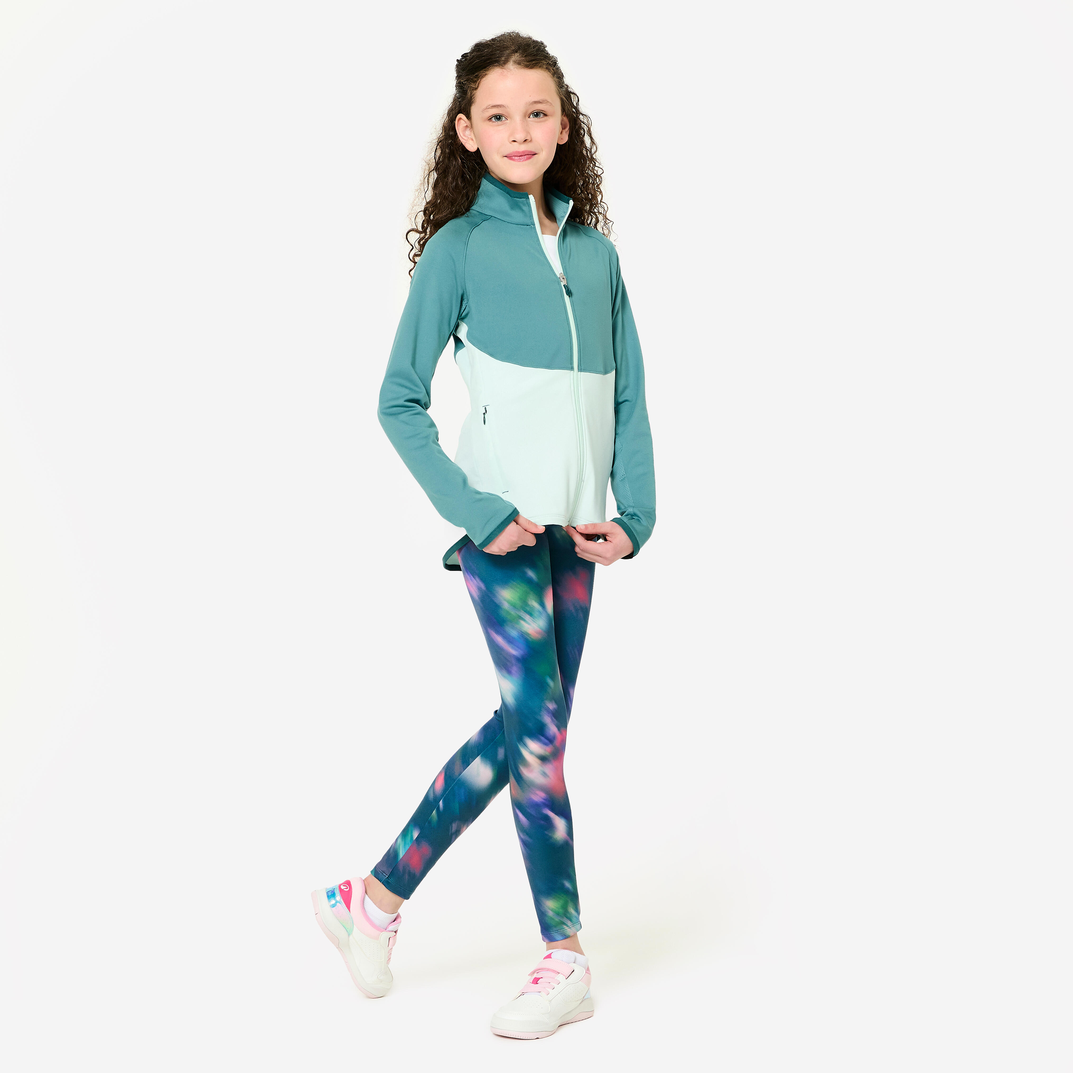 DECATHLON Dievčenská športová priliehavá bunda bielo-zelená 5-6 r (113-122 cm) · záber 3