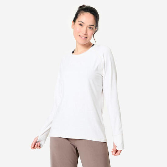 T-shirt manica lunga donna yoga oversize misto cotone beige