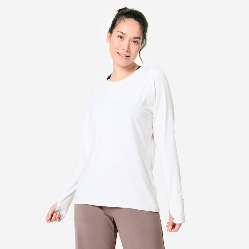 T-shirt manches longues yoga doux en coton, beige crème