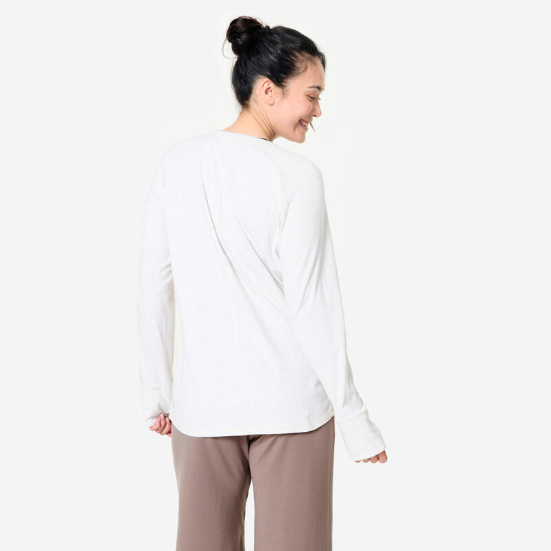 T-shirt manches longues yoga doux en coton, beige crème