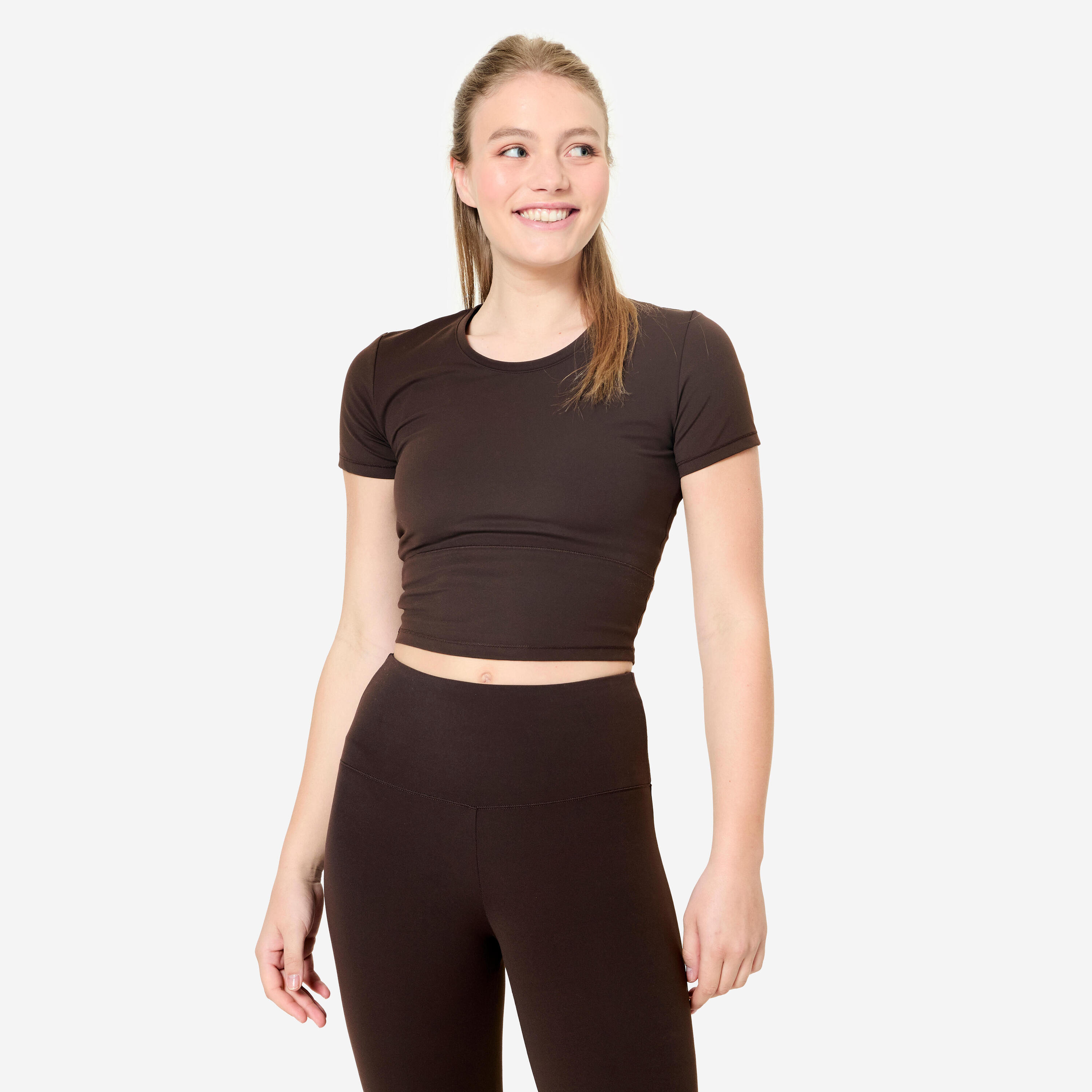DOMYOS Stretchy & Soft Yoga and Pilates T-Shirt Breathe - Brown