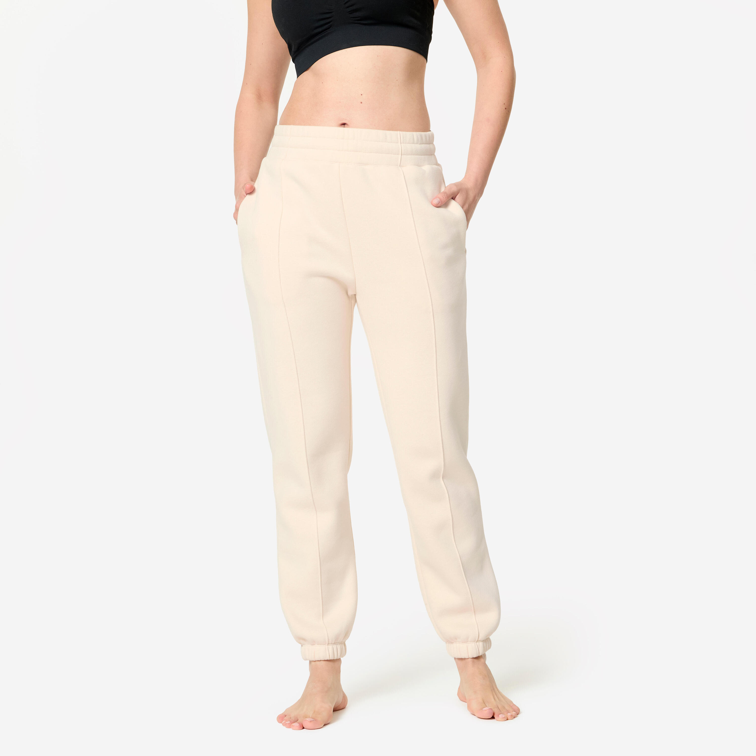 DOMYOS Warme fleece fitnessbroek voor dames beige