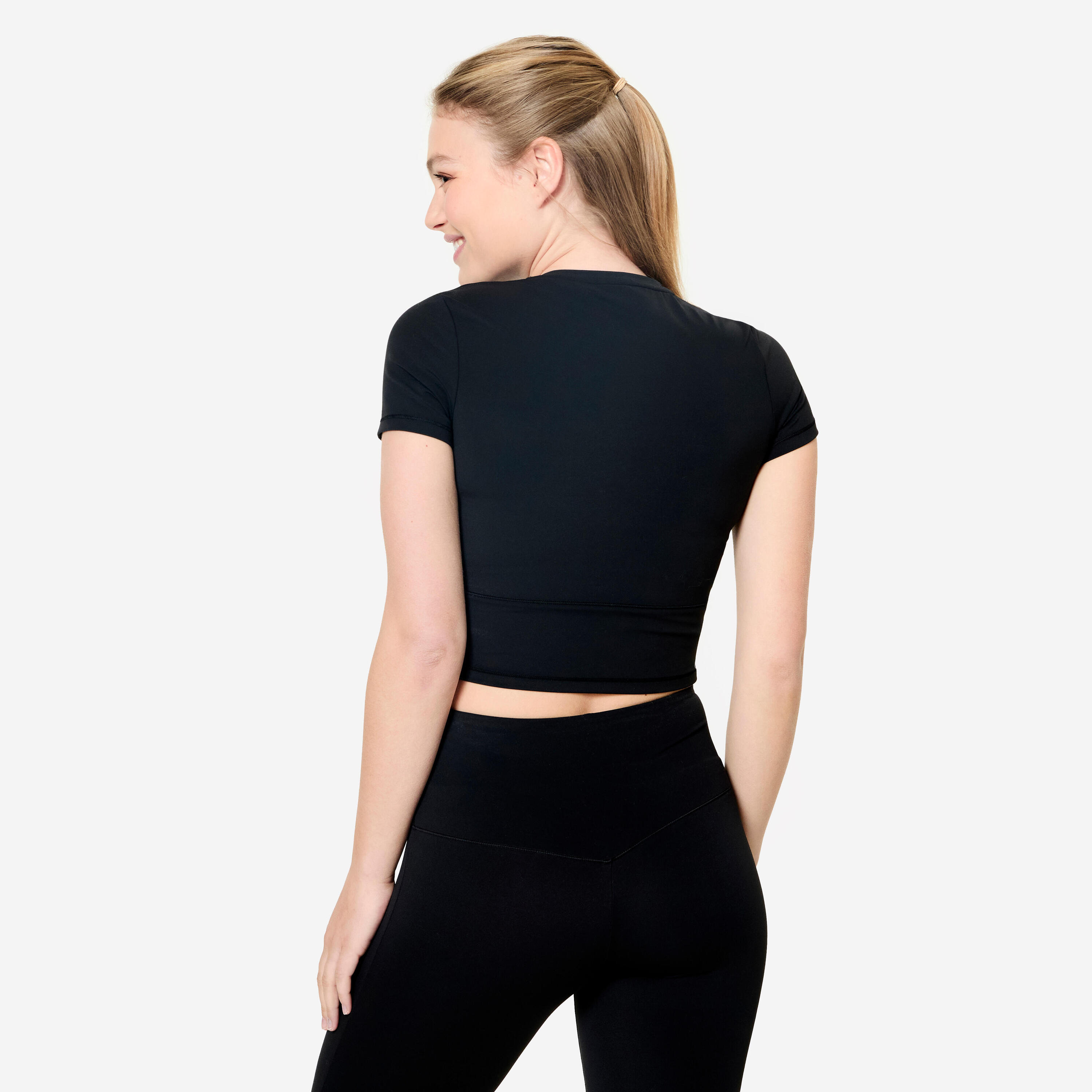 T-shirt nera donna yoga Breathe slim fit traspirante nera DOMYOS