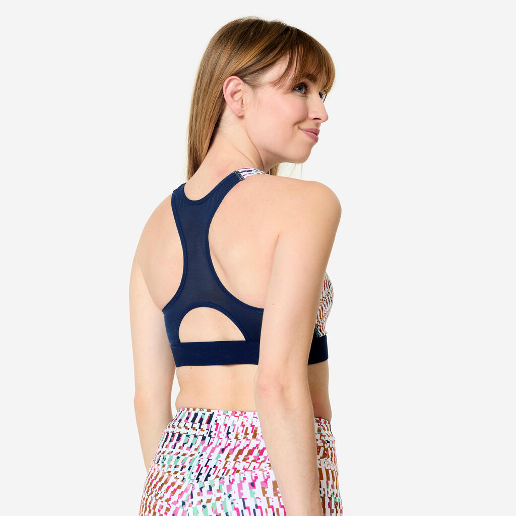 Women's Medium Support Racer Back Sports Bra with Cups - Multicolour Print