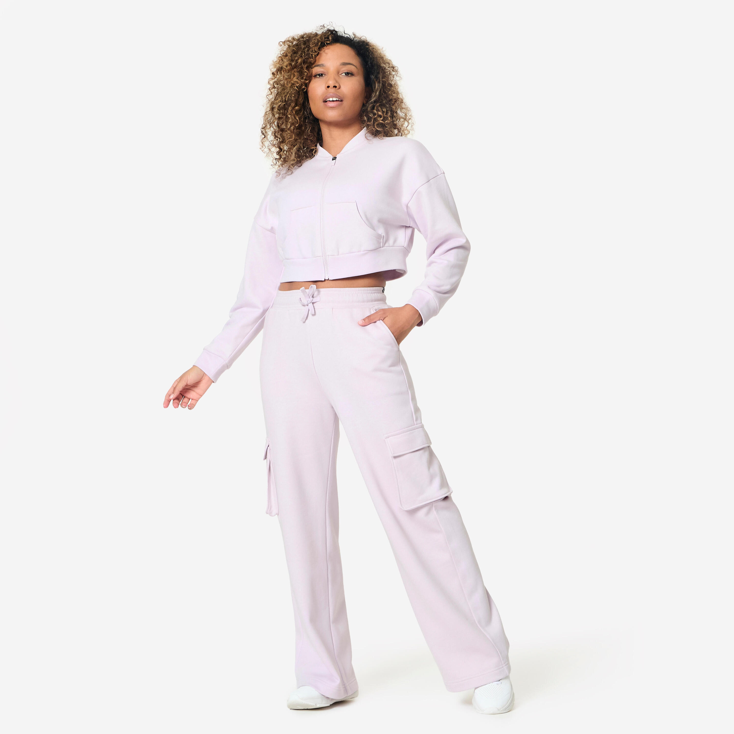 Felpa donna ginnastica cropped con zip traspirante viola 2/7