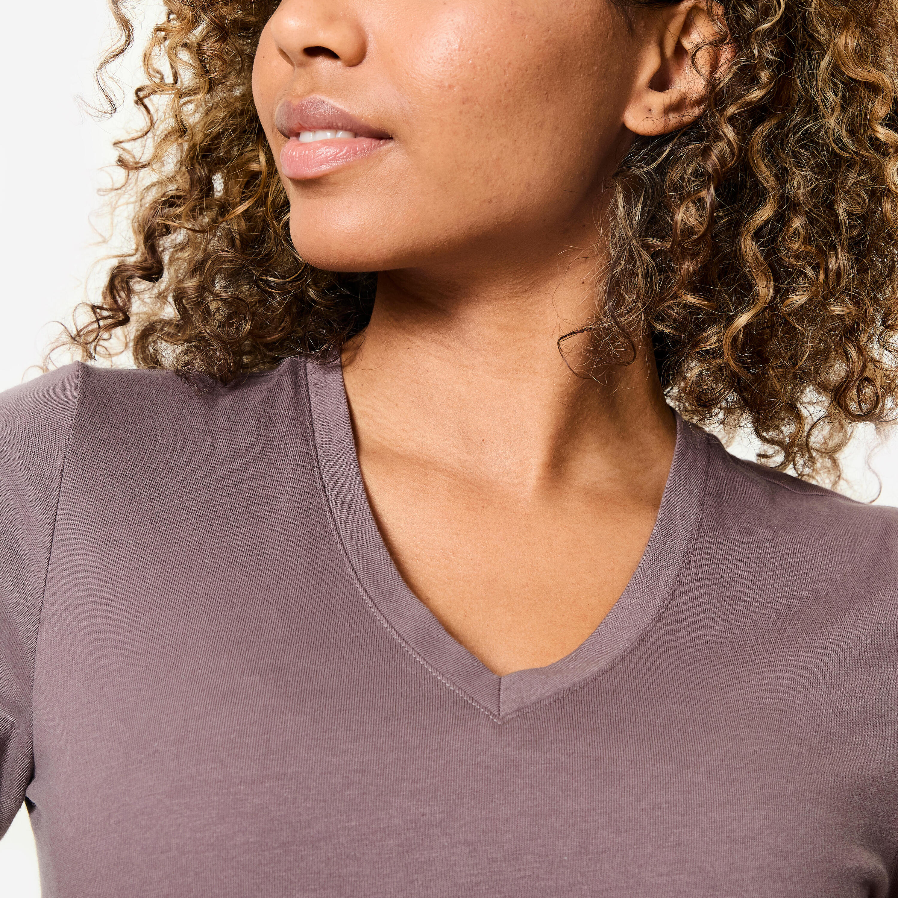 T-shirt col V fitness en coton femme, marron glacé 4/6