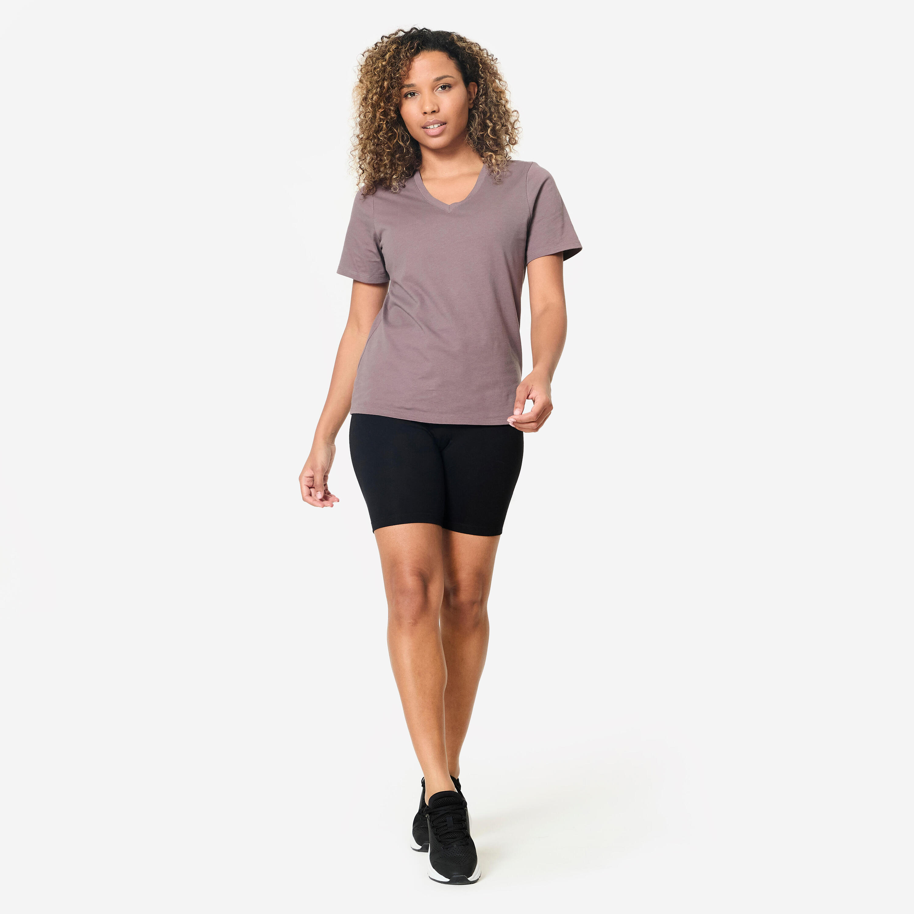 T-shirt col V fitness en coton femme, marron glacé 2/6
