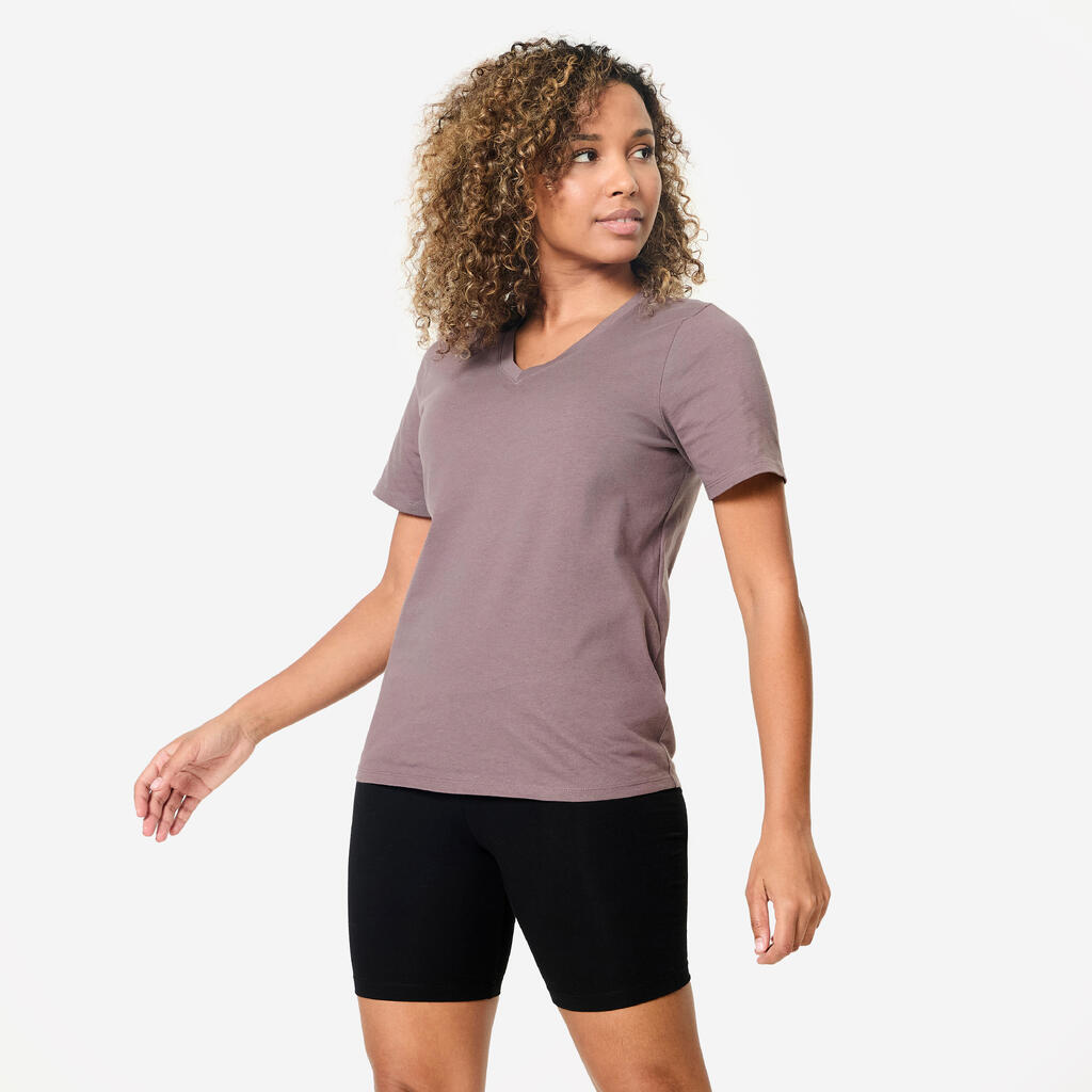 T-shirt col V fitness en coton femme, marron glacé