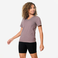T-Shirt de Fitness Decote em V de Algodão Mulher Castanho Escuro