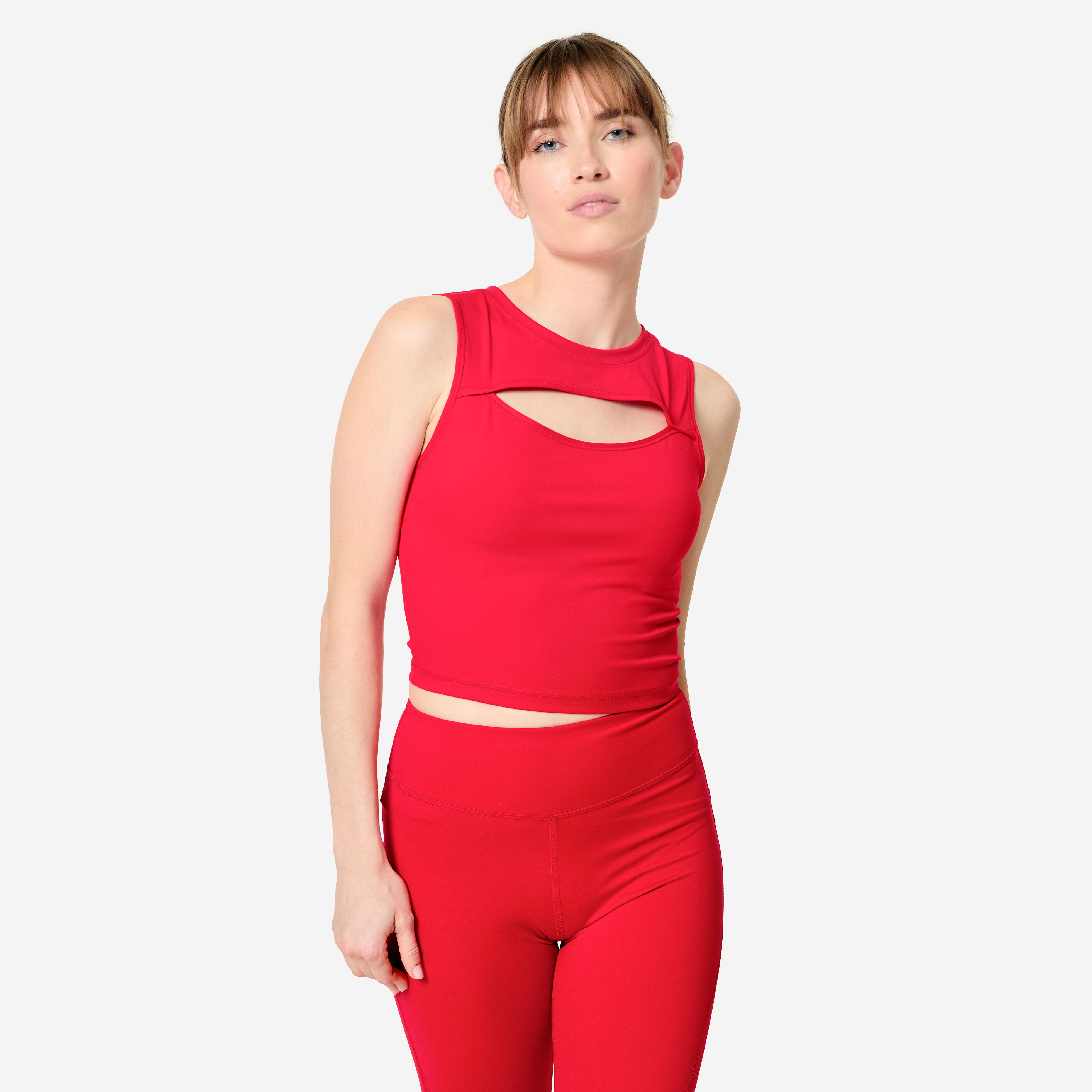 DOMYOS Dámske fitness crop tielko tmavočervené XS