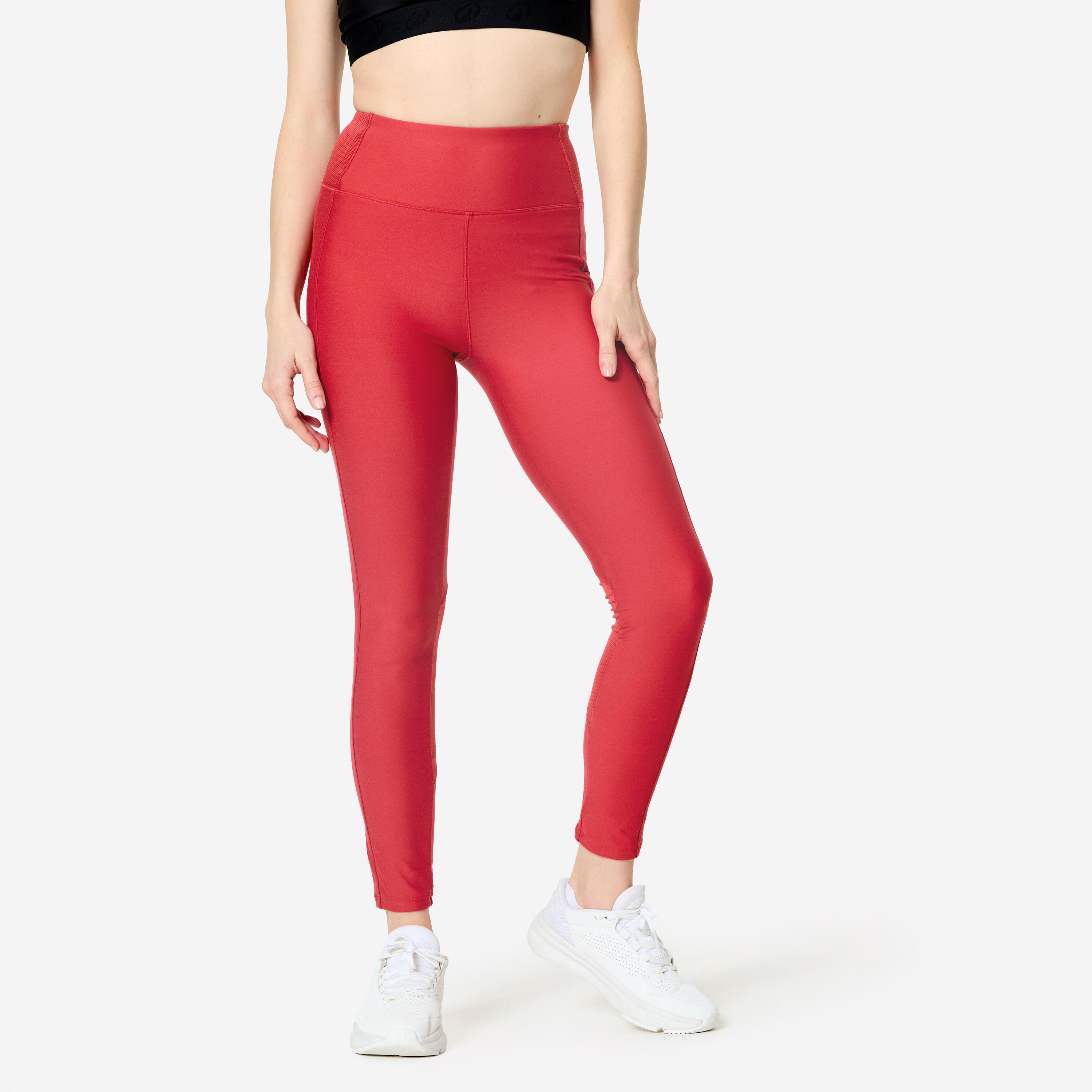 DOMYOS Leggings donna palestra vita alta traspiranti con tasca rosso scuro