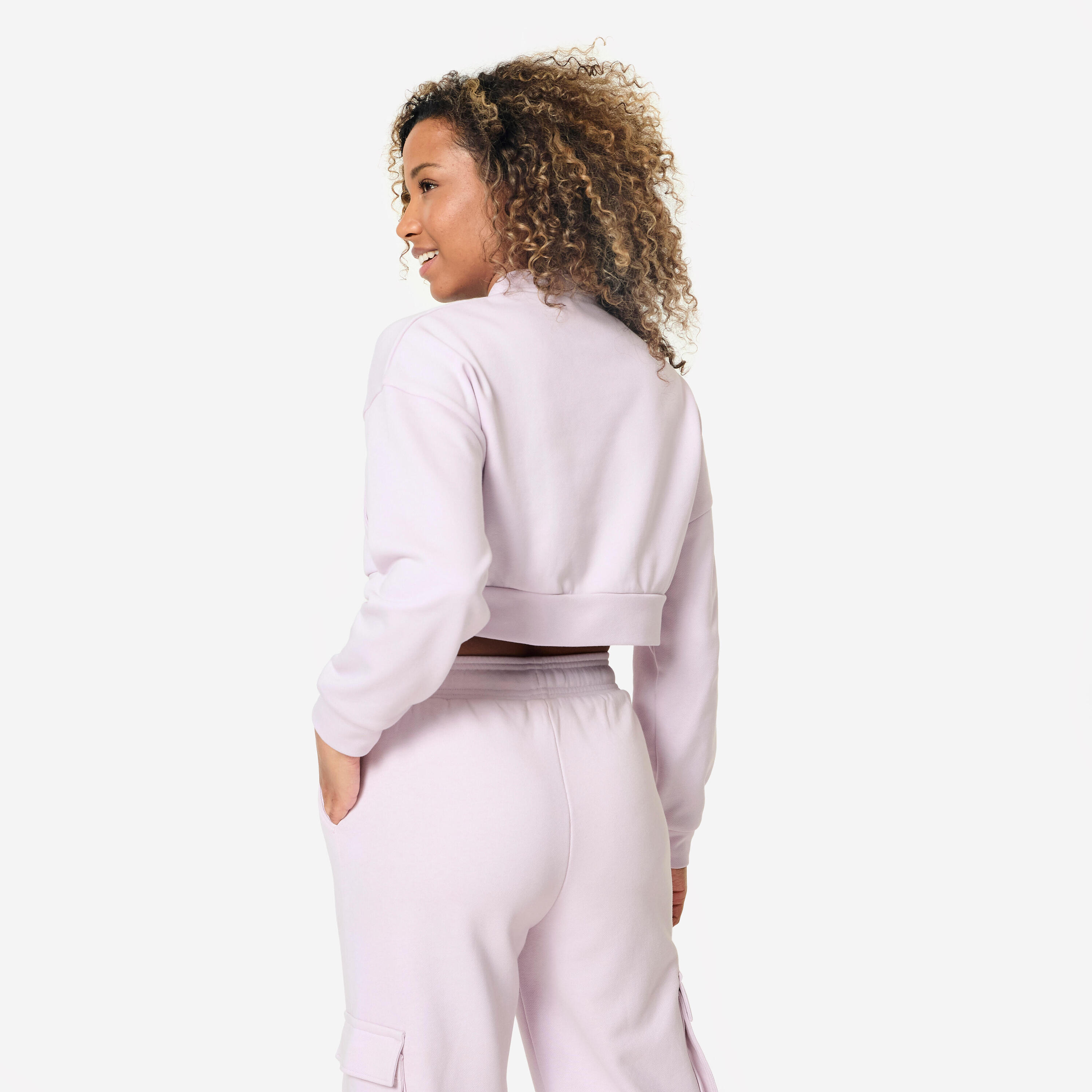 Felpa donna ginnastica cropped con zip traspirante viola 3/7