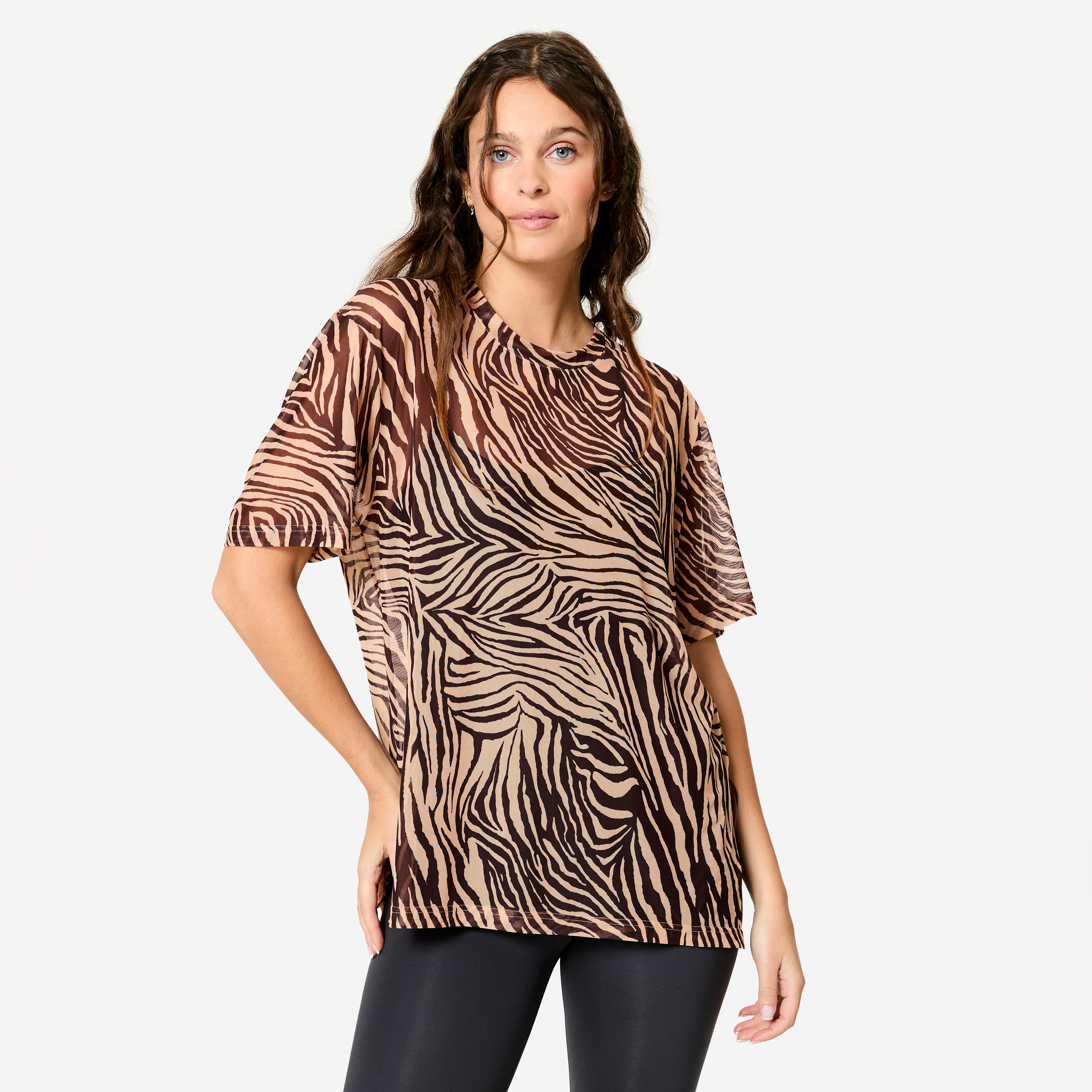 decathlon Women's Loose Fitness Mesh T-Shirt - Beige/Black Print-picture-24