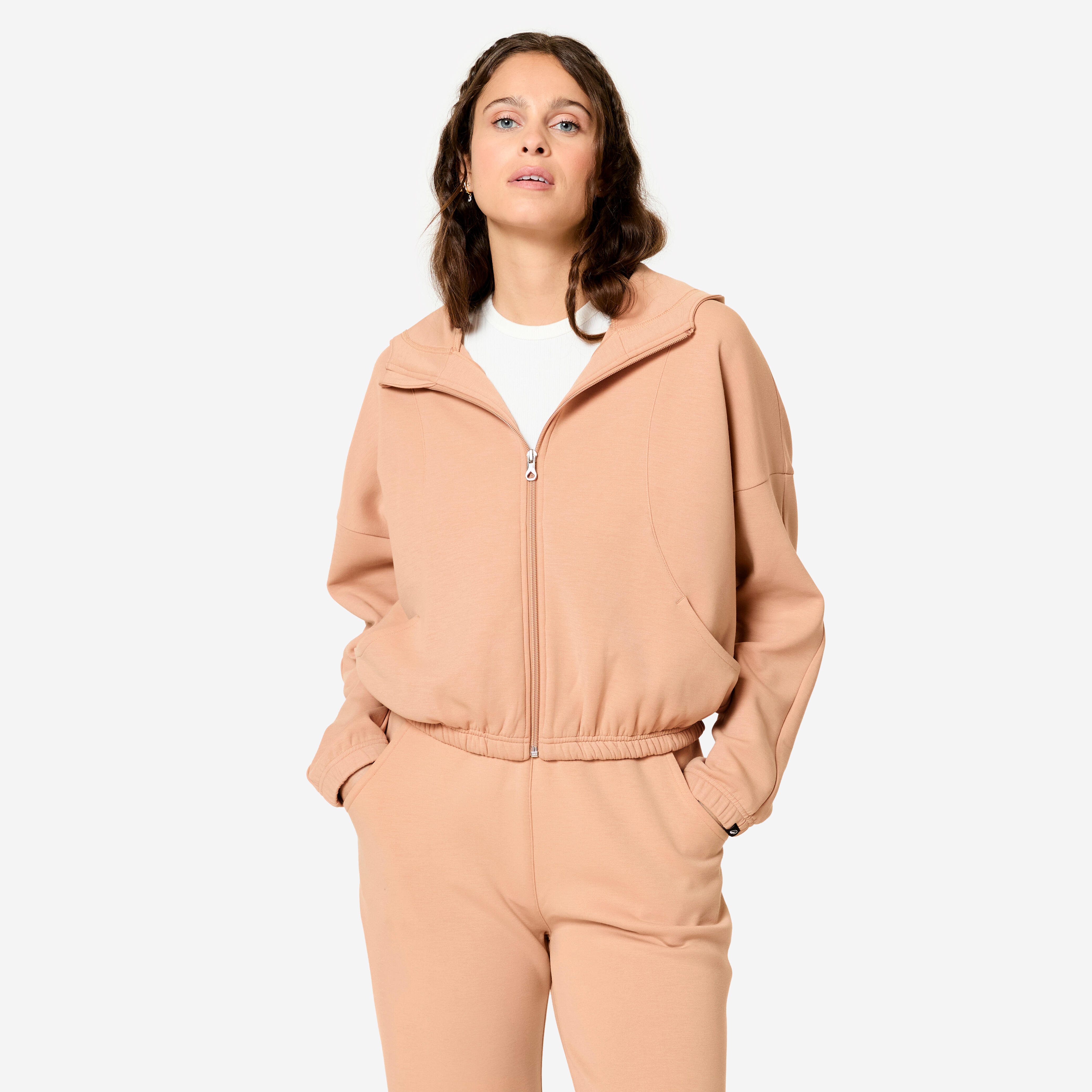 Women's Long-Sleeved Fitness Hooded Jacket - Beige-image-10