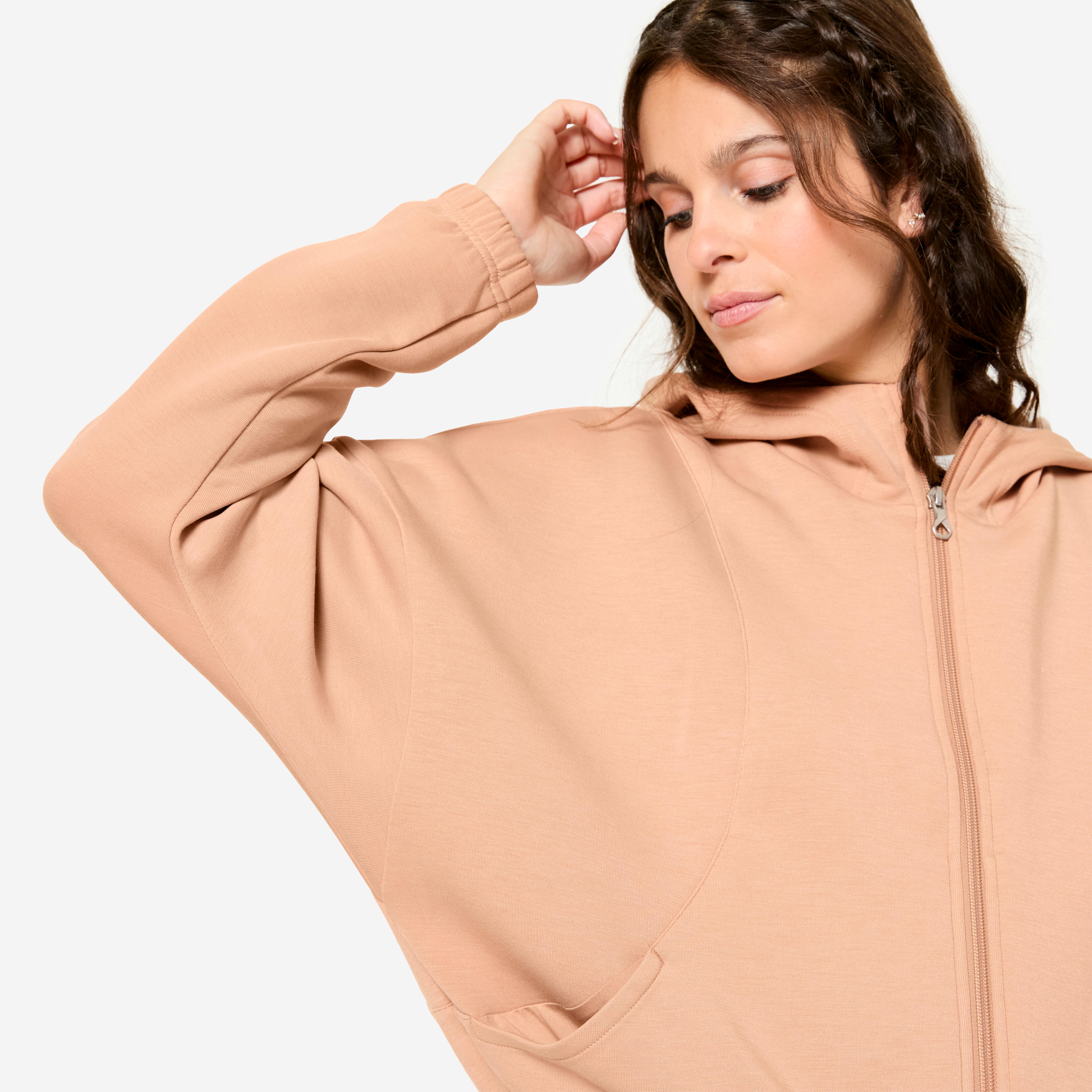 Women's Long-Sleeved Fitness Hooded Jacket - Beige