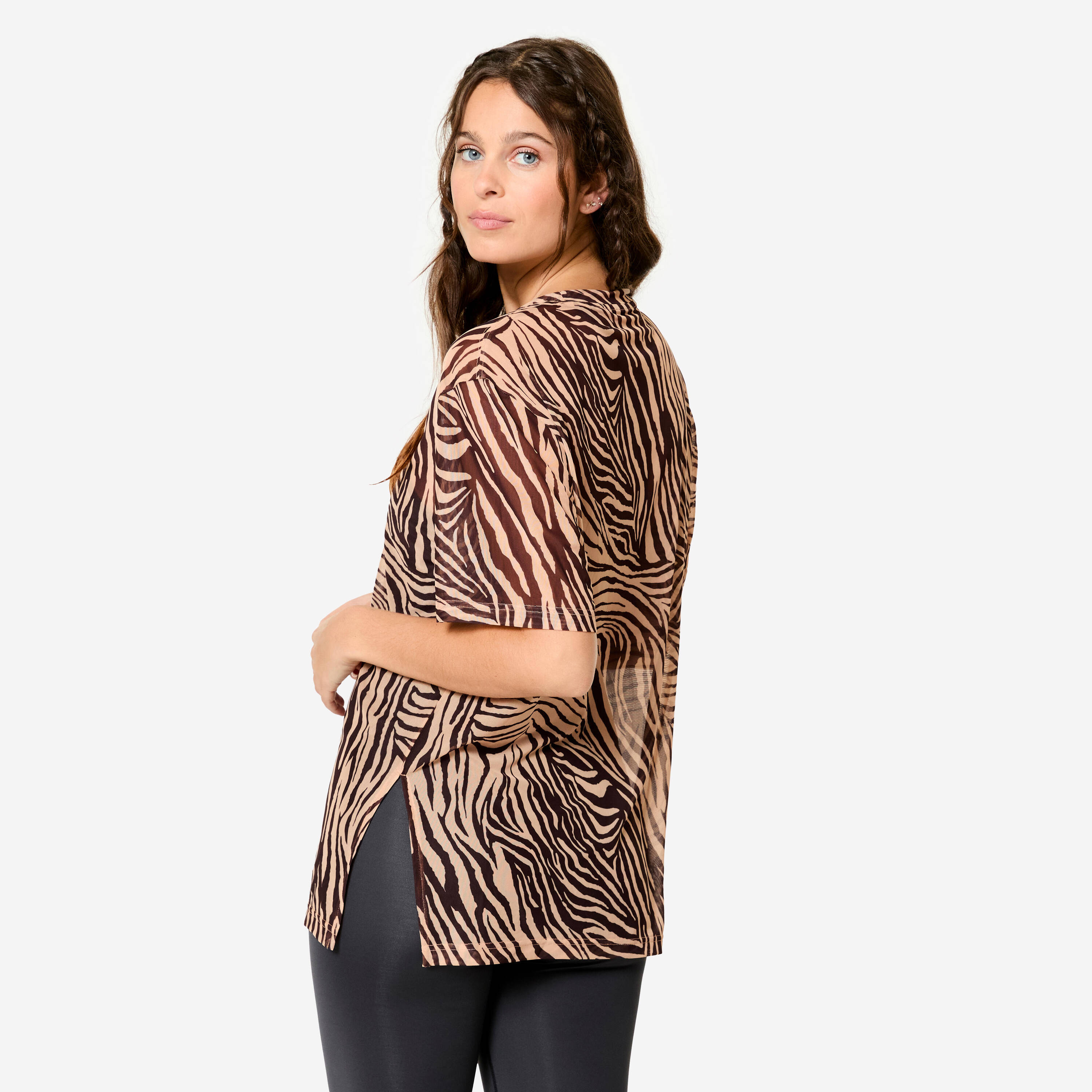 Women's Loose Fitness Mesh T-Shirt - Beige/Black Print -  4