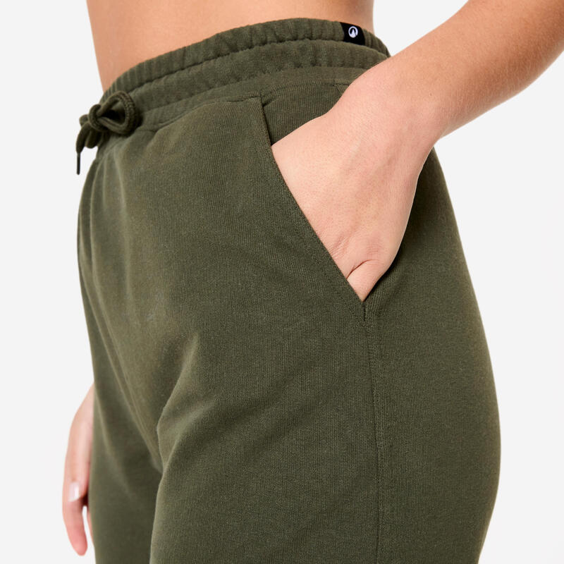 Pantalon de trening din bumbac Regular 500 Fitness kaki Damă
