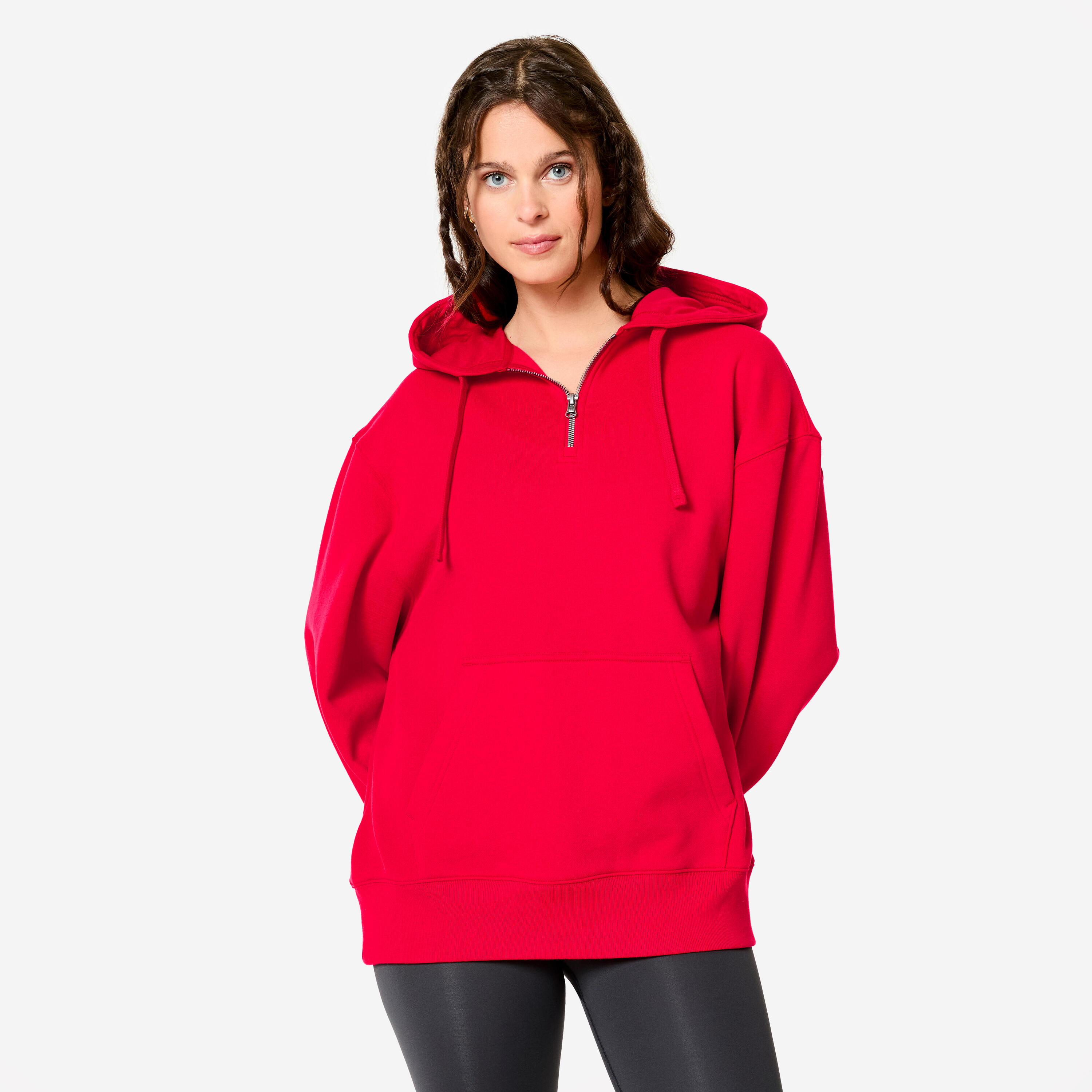 DOMYOS Felpa donna palestra con cappuccio oversize pesante rossa