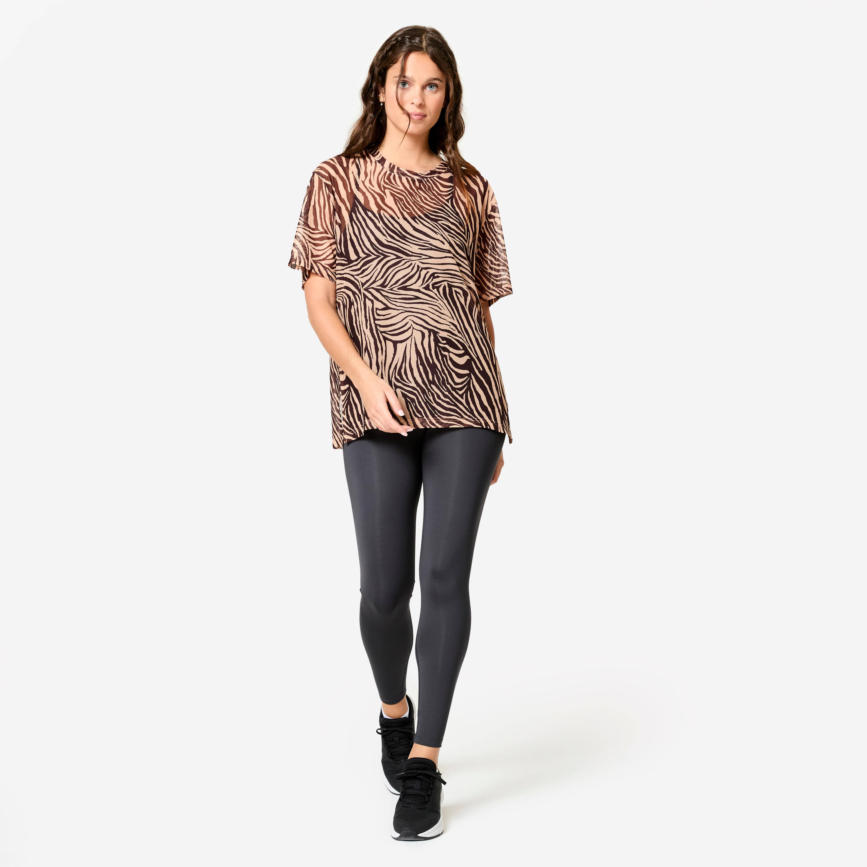 Women's Loose Fitness Mesh T-Shirt - Beige/Black Print -  3