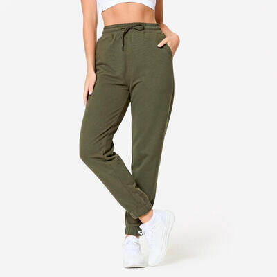 Pantaloni donna palestra 500 regular fit felpati con tasche verdi